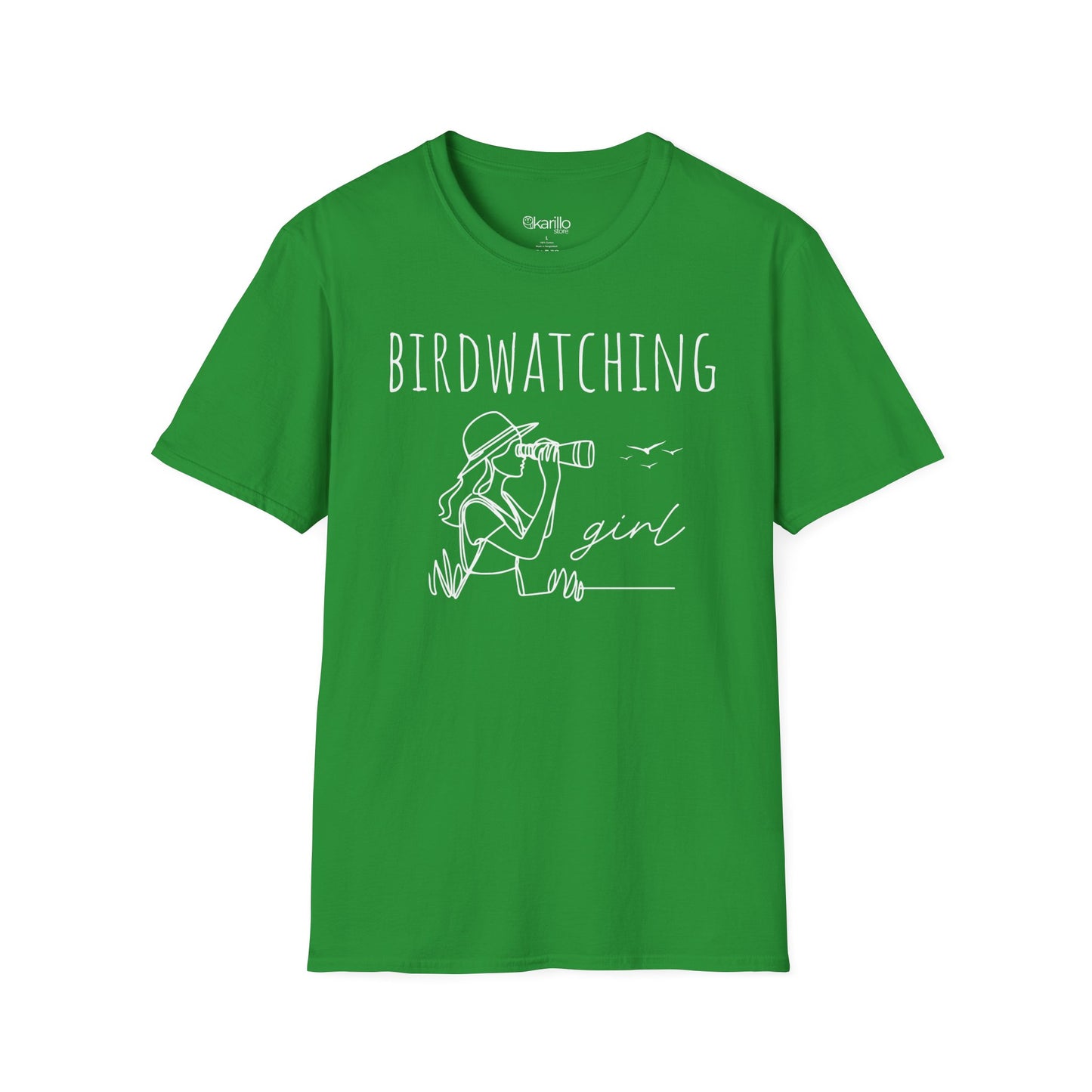 Front view of a "Birdwatching Girl"  green T-shirt with an outlined graphic of a girl spotting a bird using binoculars