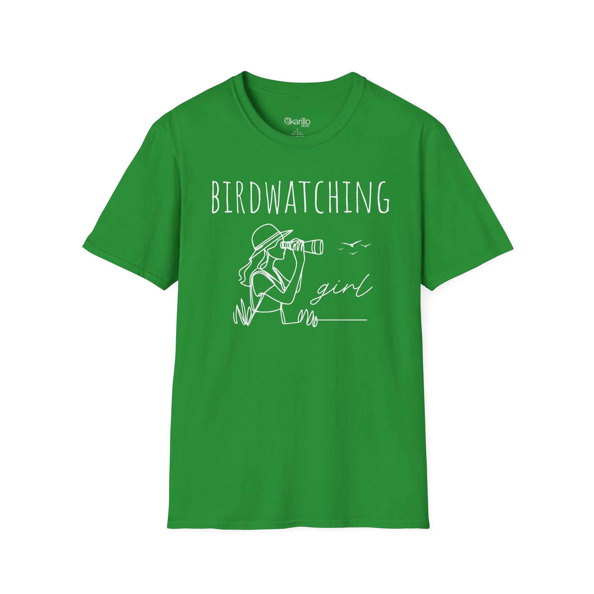 Front view of a "Birdwatching Girl"  green T-shirt with an outlined graphic of a girl spotting a bird using binoculars