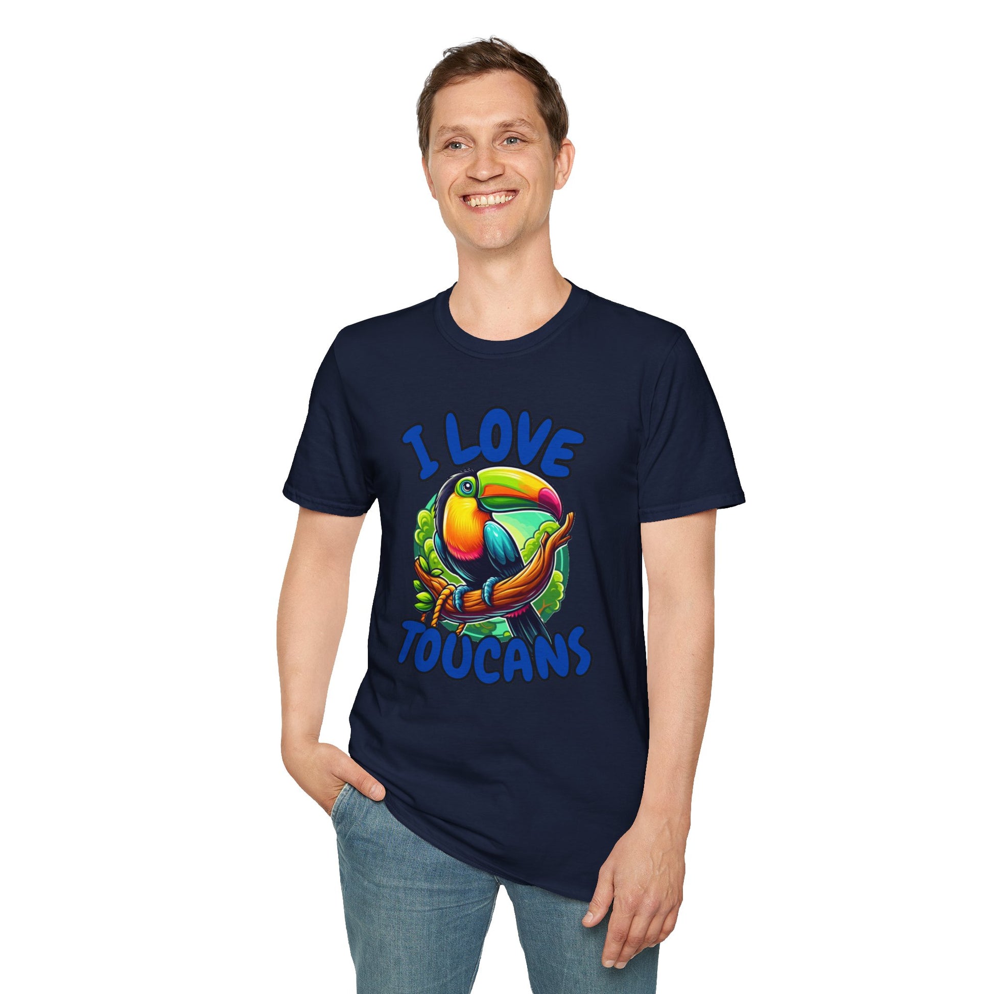 Man wearing navy blue t-shirt with a colorful toucan graphic and 'I Love Toucans' text on a white background