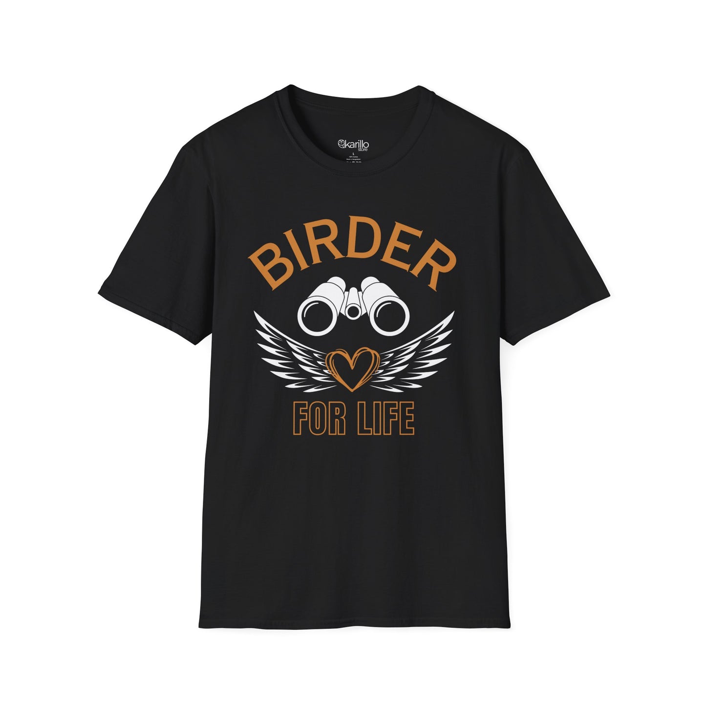 Front view of Birder for Life T-shirt black color, gift for bird lovers
