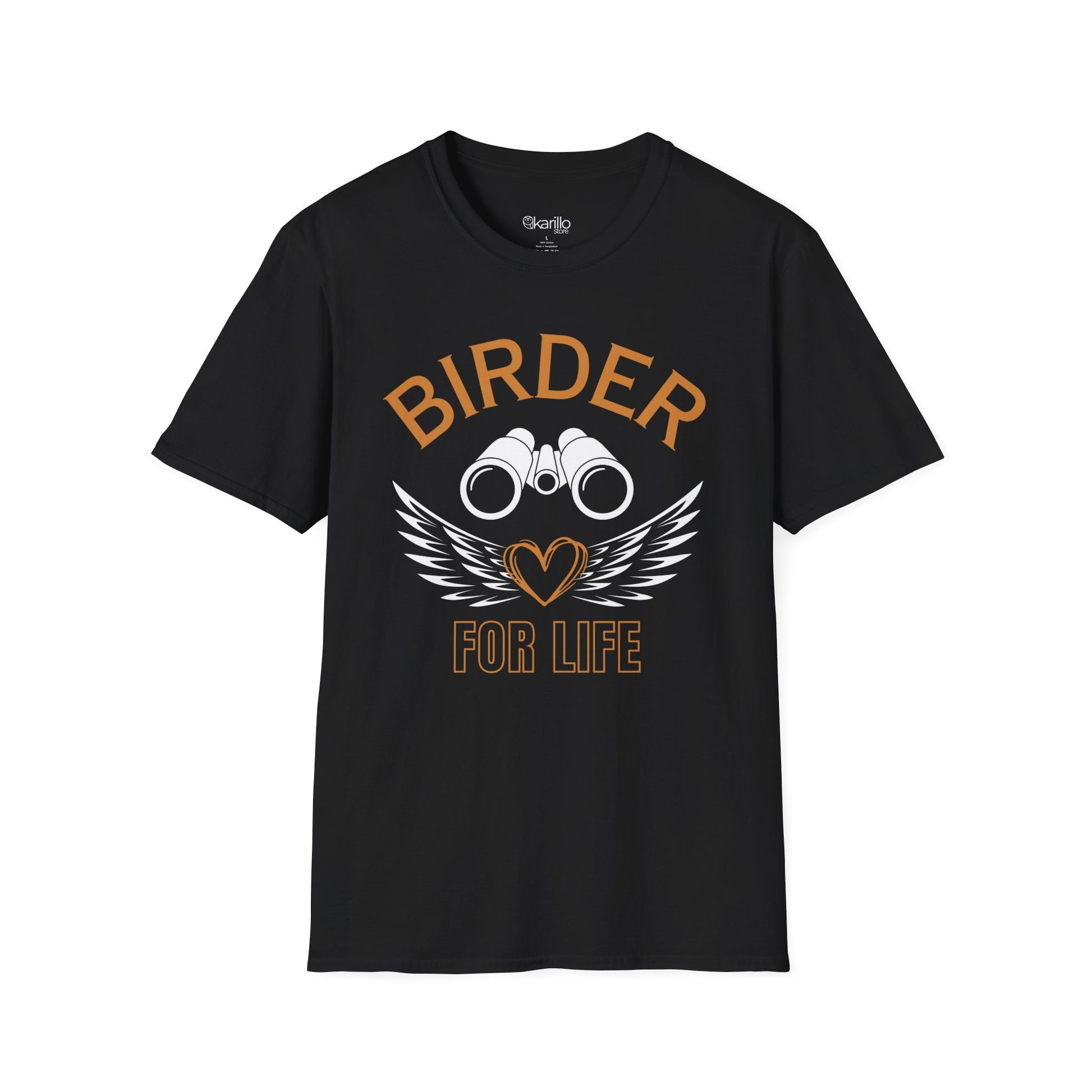 Front view of Birder for Life T-shirt black color, gift for bird lovers