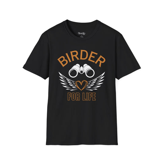 Front view of Birder for Life T-shirt black color, gift for bird lovers