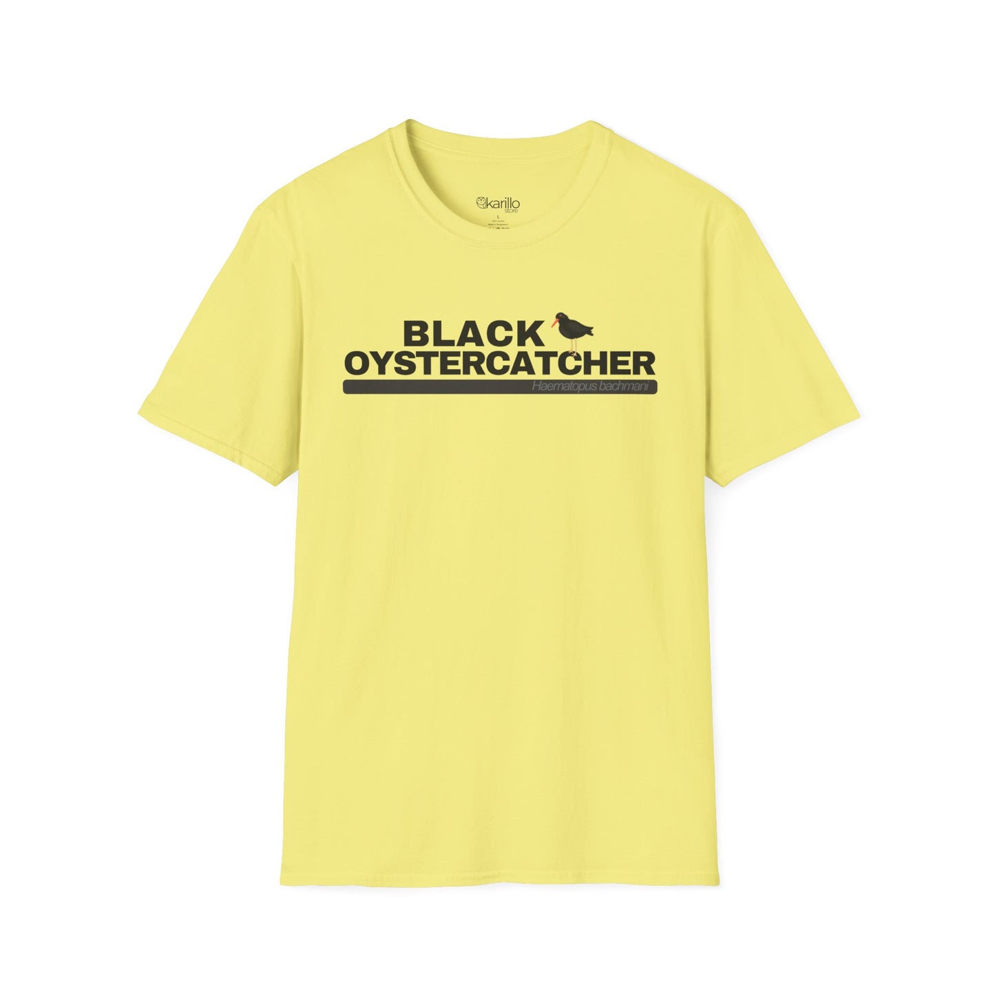 Yellow t-shirt with 'Black Oystercatcher' text on a white background