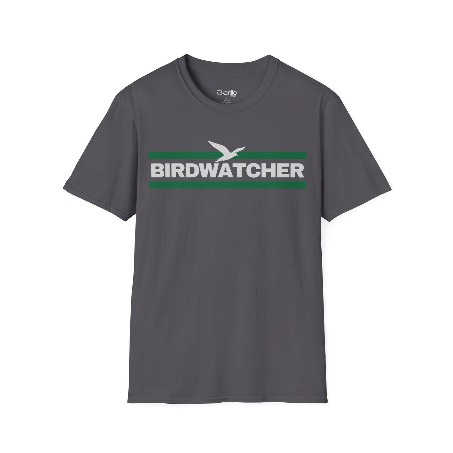 Front view gray t-shirt with 'BIRDWATCHER' text and green stripe on a white background