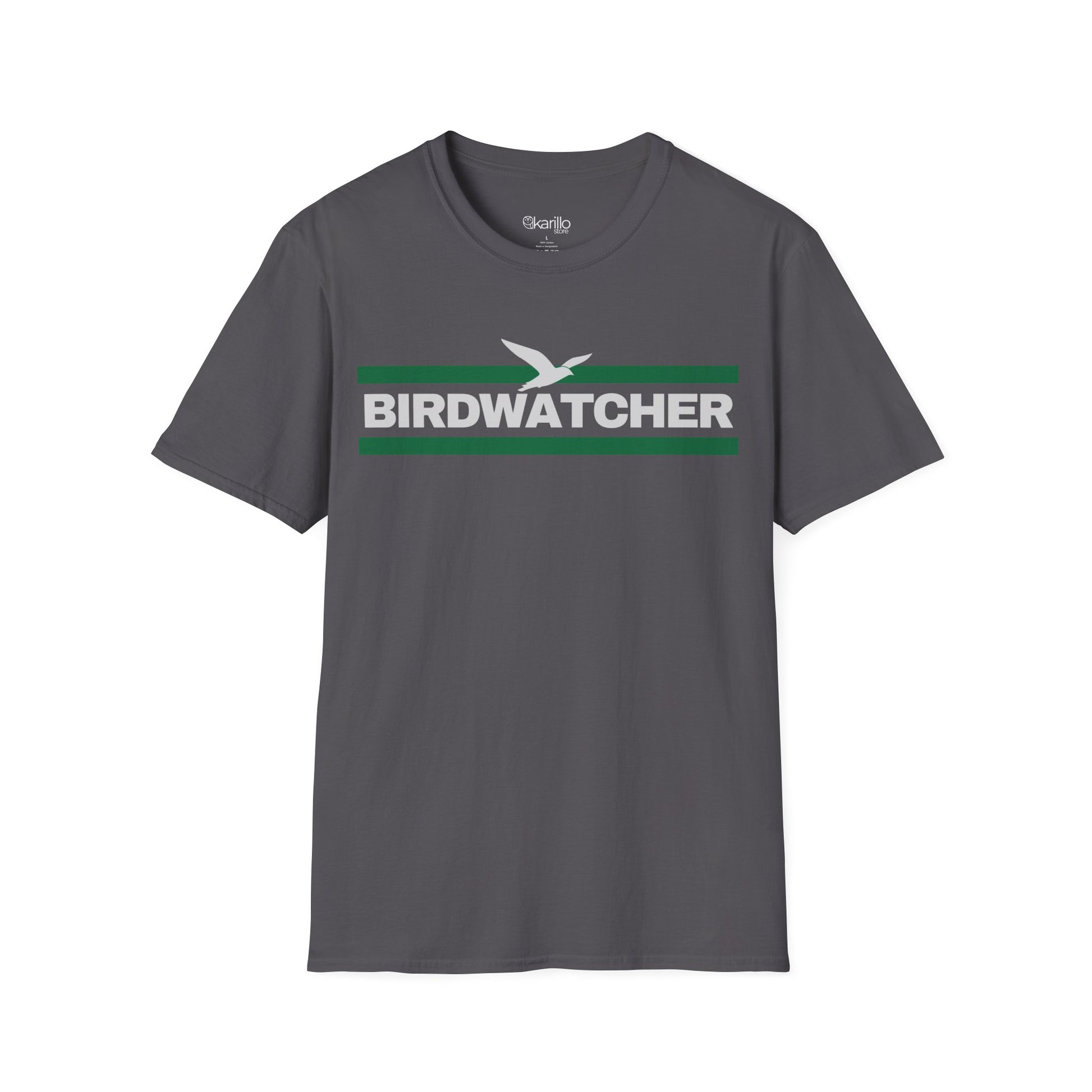 Front view gray t-shirt with 'BIRDWATCHER' text and green stripe on a white background