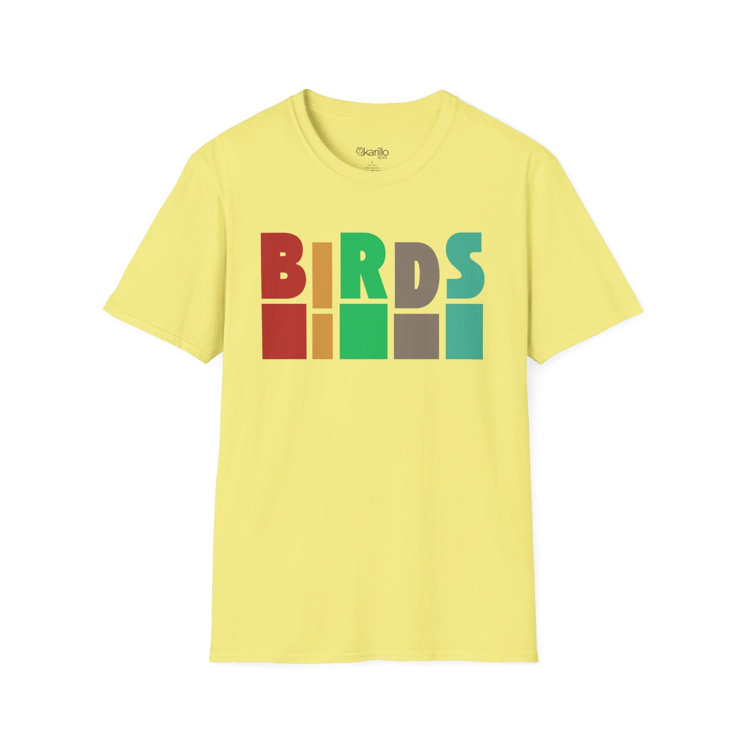 Front view of cornsilk t-shirt with 'Birds' text on a white background