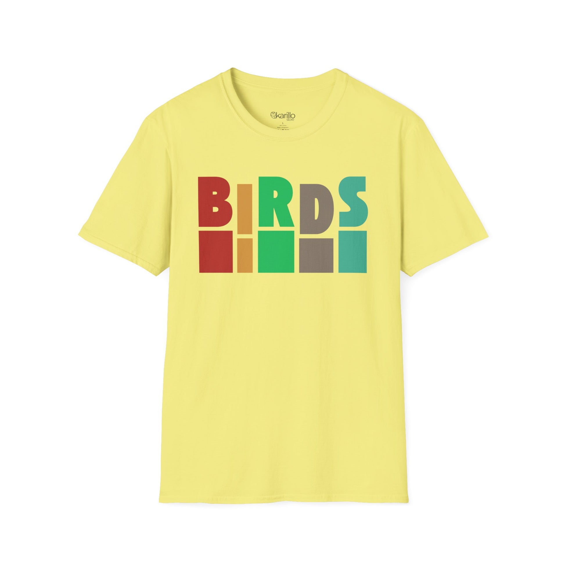 Front view of cornsilk t-shirt with 'Birds' text on a white background