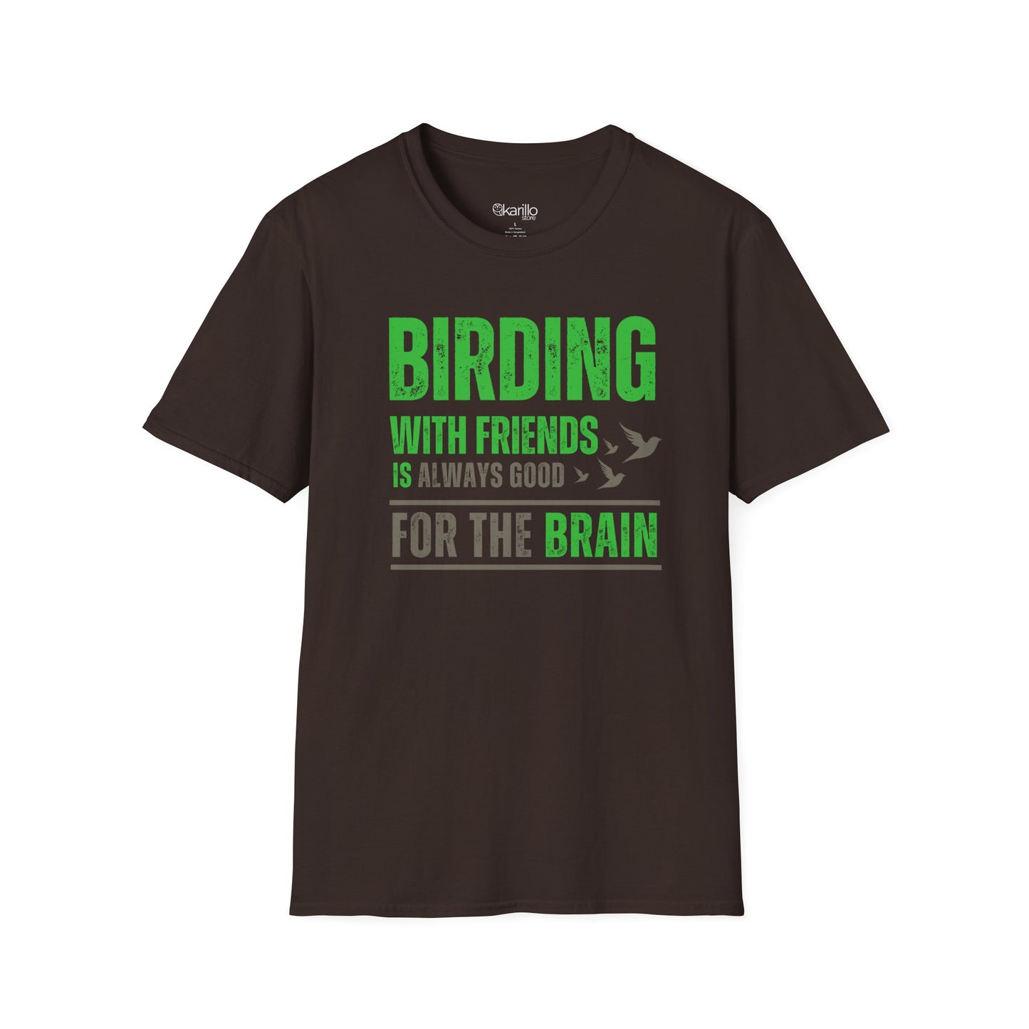 Front view Bird Lover Quote t-shirt brown color, Birding With Friends graphic design