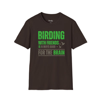 Front view Bird Lover Quote t-shirt brown color, Birding With Friends graphic design