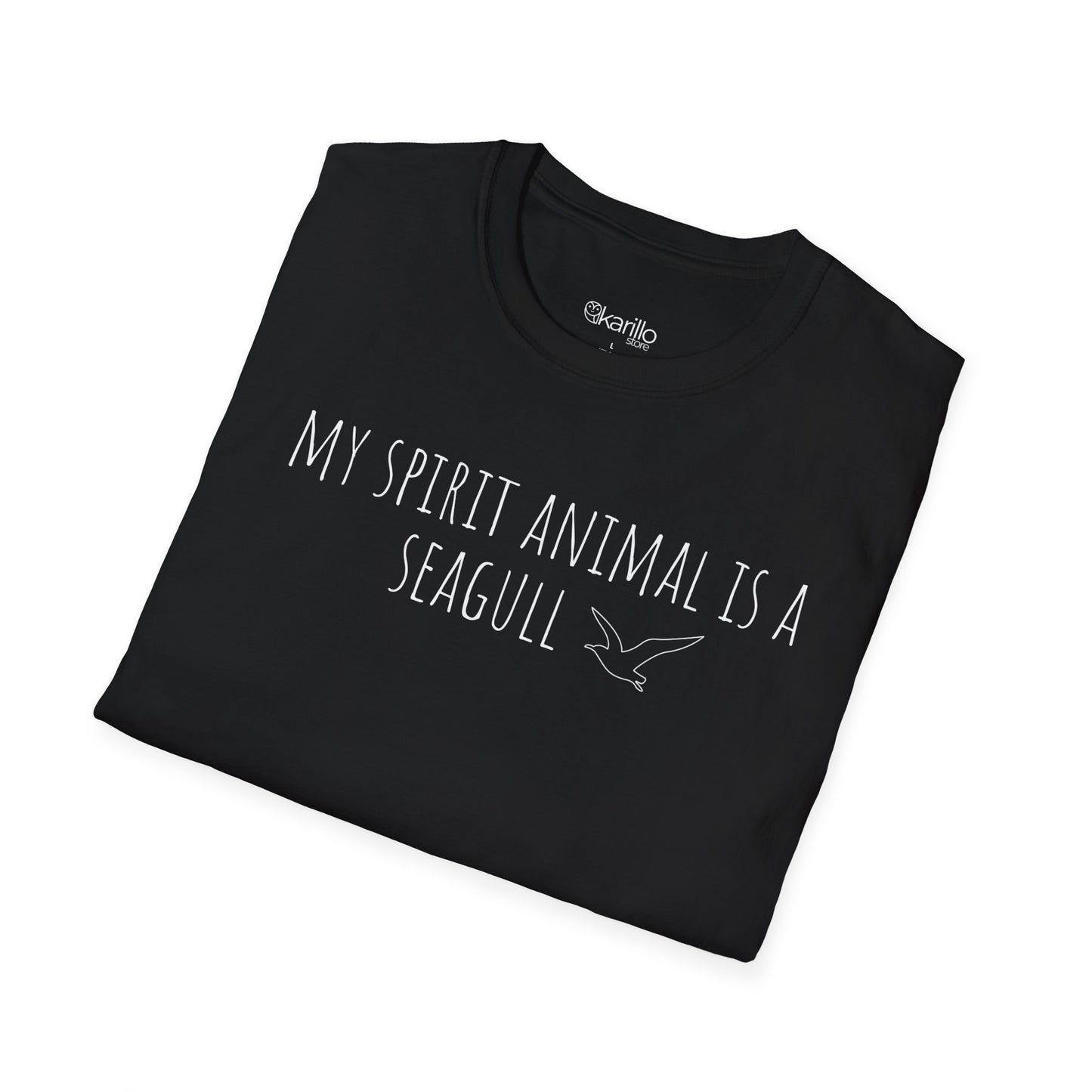 folded t-shirt with 'My Spirit Animal is a Seagull' text and seagull graphic on a white background