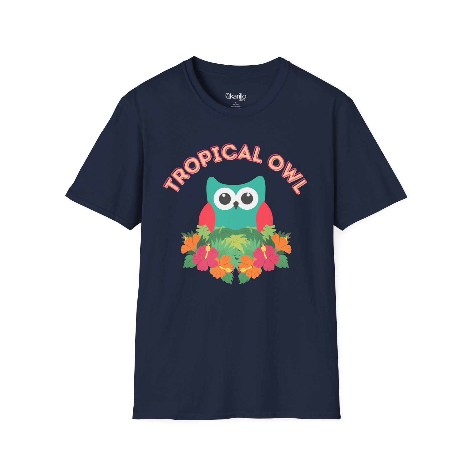 Navy blue t-shirt with a colorful owl graphic and 'Tropical Owl' text on a white background
