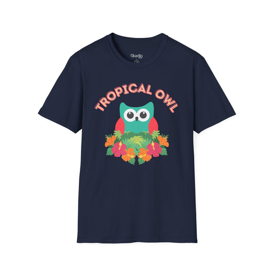Navy blue t-shirt with a colorful owl graphic and 'Tropical Owl' text on a white background