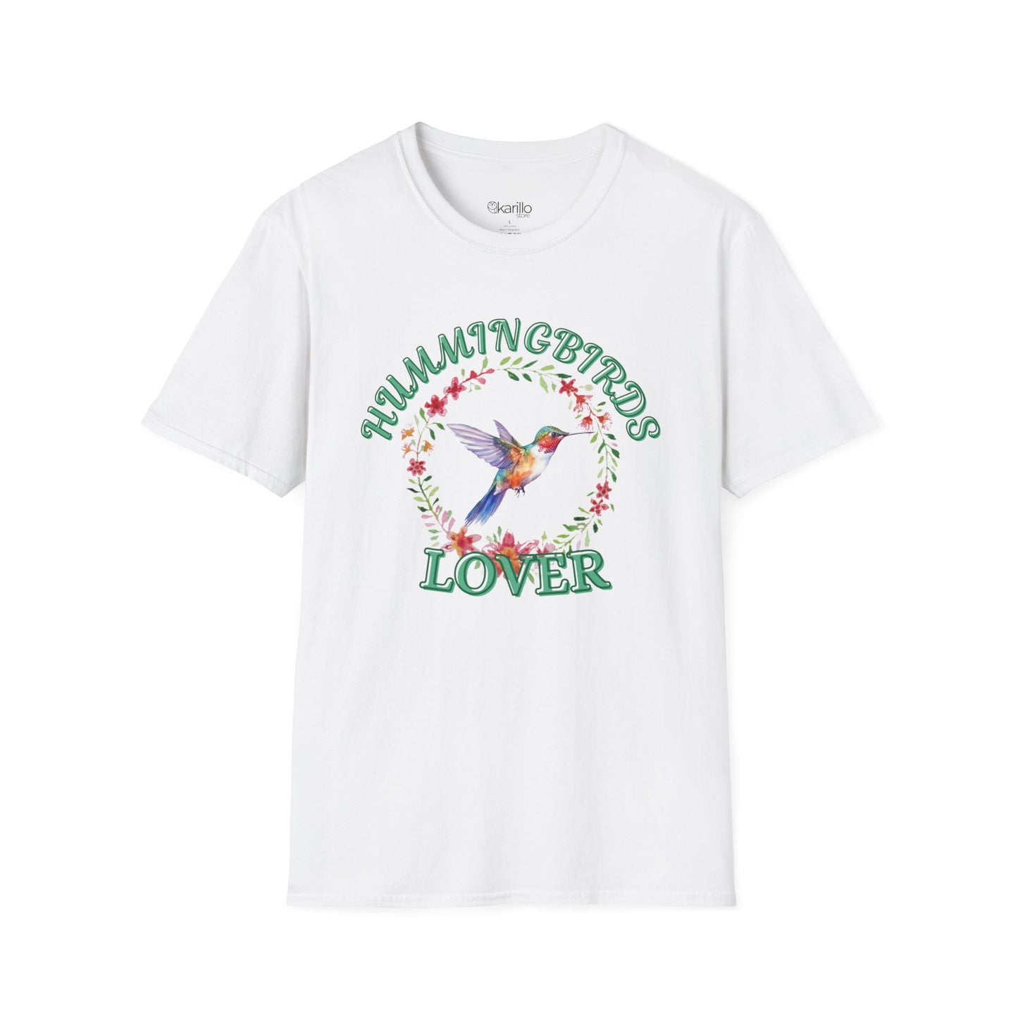 front view white t-shirt with hummingbird design and text on a white background