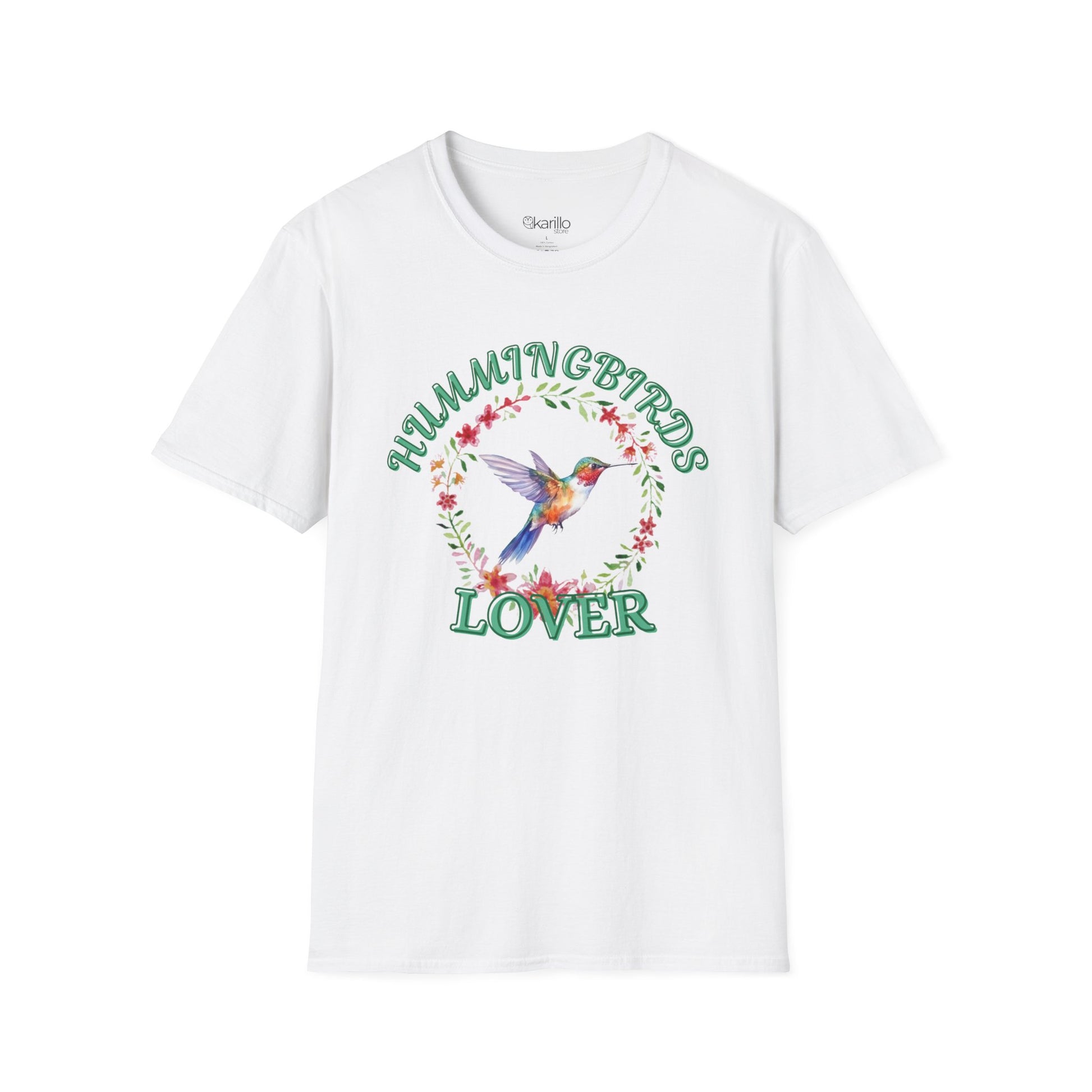 front view white t-shirt with hummingbird design and text on a white background