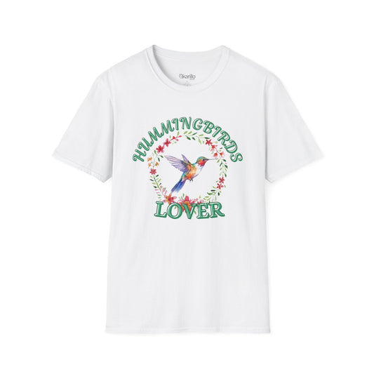 front view white t-shirt with hummingbird design and text on a white background