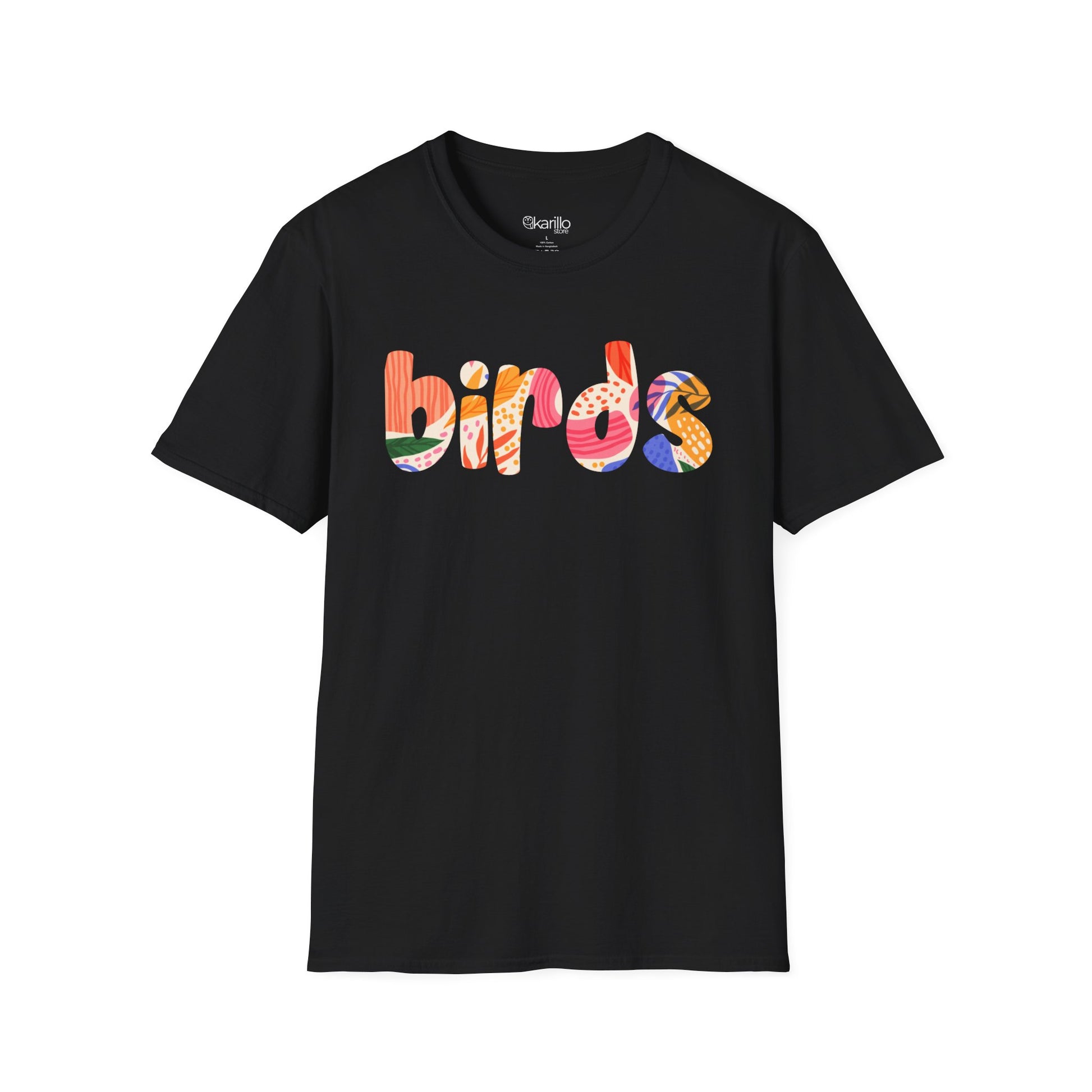 Black t-shirt with colorful 'birds' text on a white background