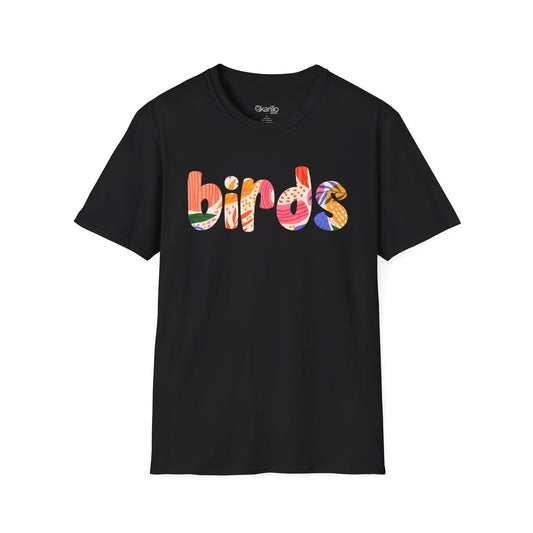 Black t-shirt with colorful 'birds' text on a white background