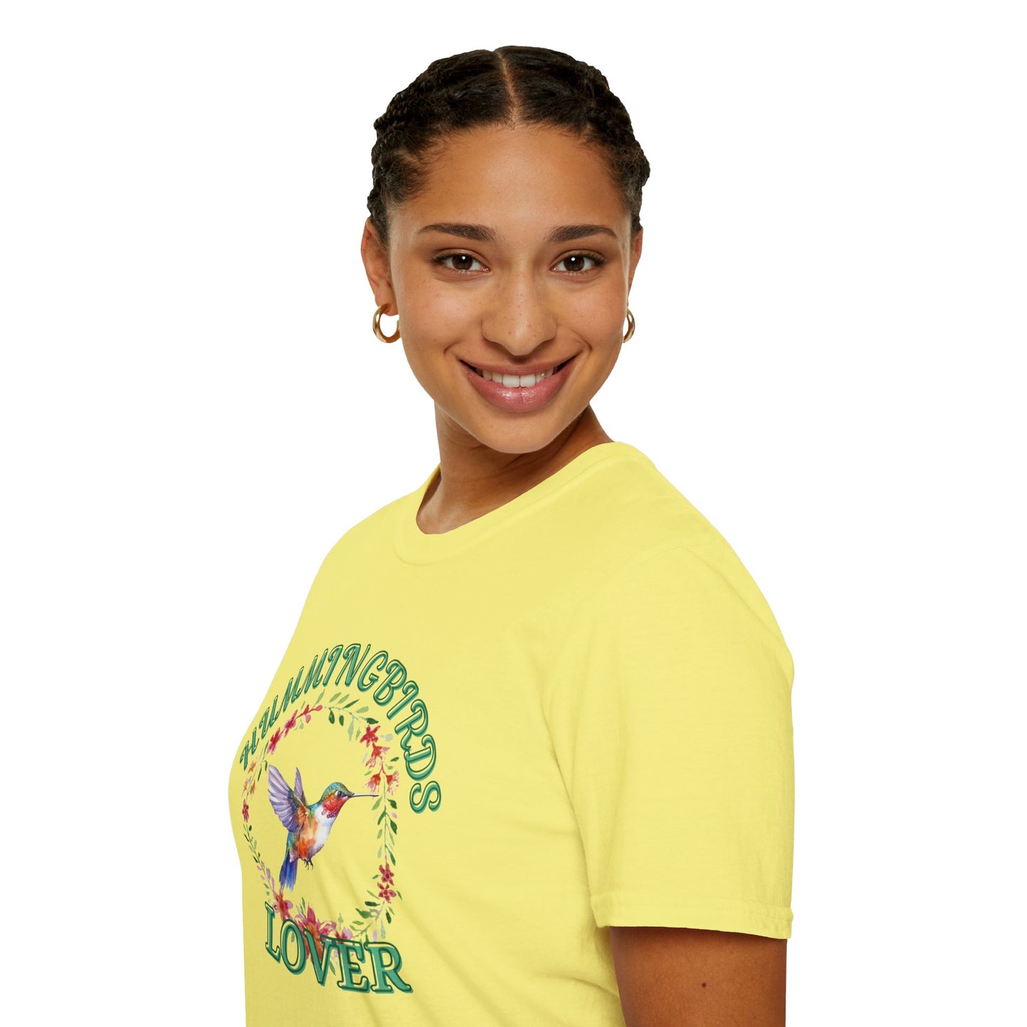 girl wearing cornsilk color t-shirt with hummingbird design and text on a white background