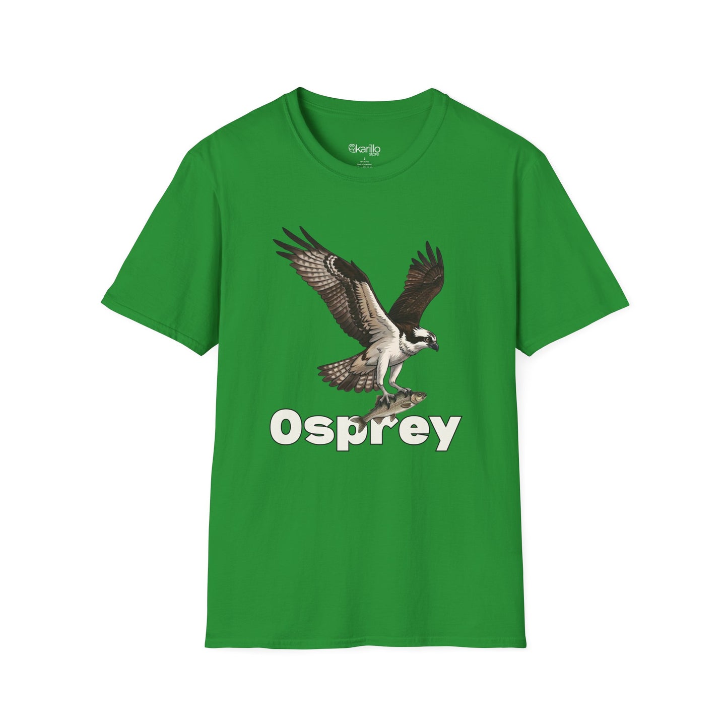 Green t-shirt with an osprey graphic and 'Osprey' text on a white background