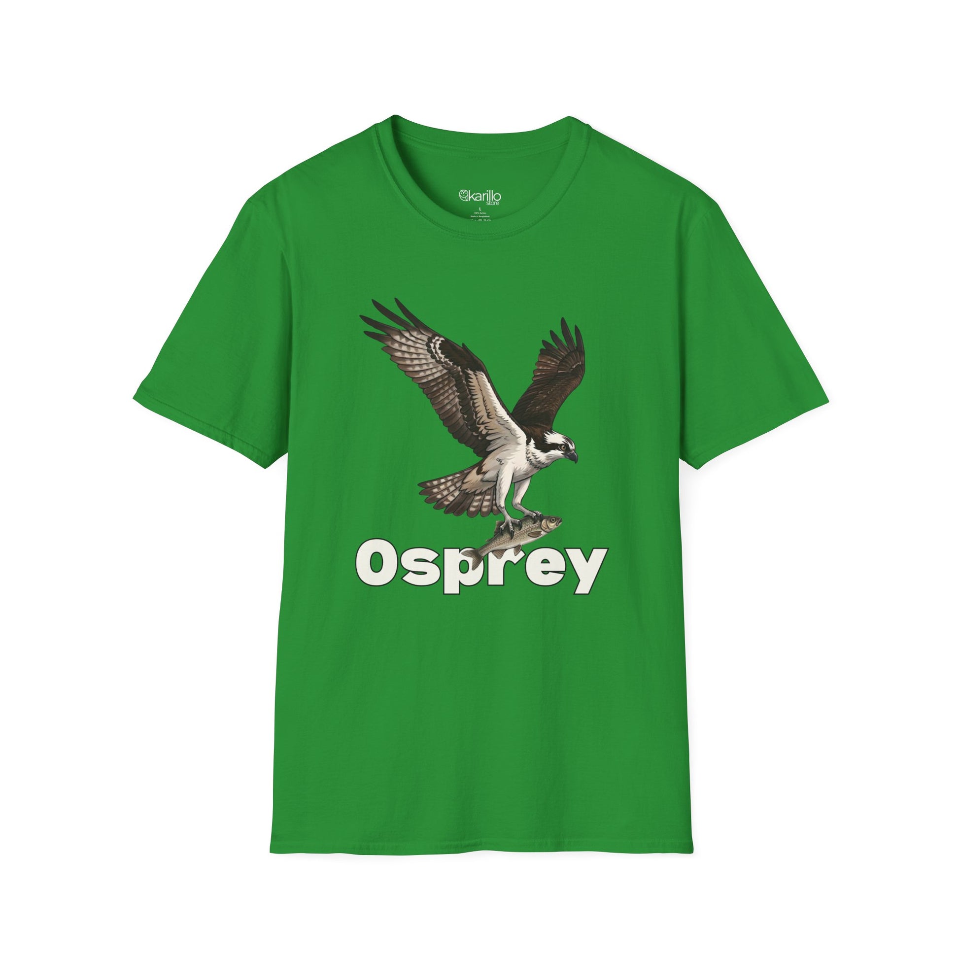 Green t-shirt with an osprey graphic and 'Osprey' text on a white background