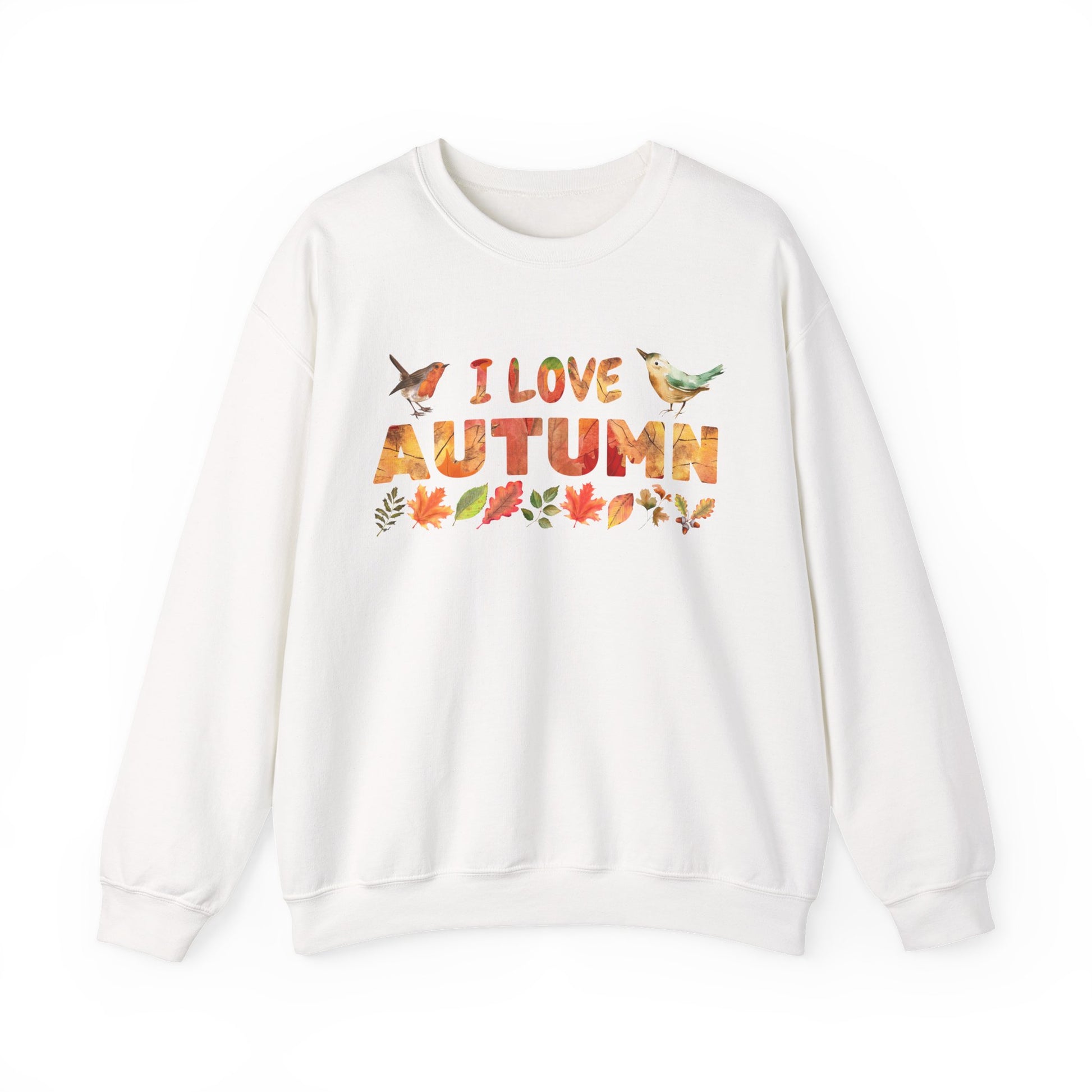 White sweatshirt with 'I Love Autumn' text and fall-themed graphics on a white background