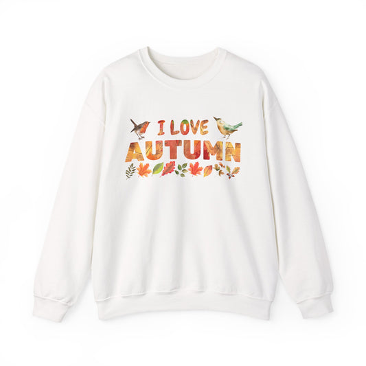 White sweatshirt with 'I Love Autumn' text and fall-themed graphics on a white background