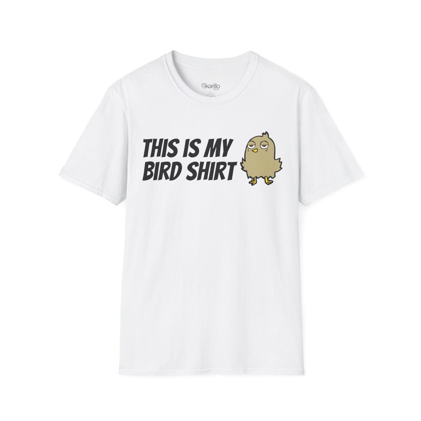 White t-shirt with "this is my bird shirt" with a graphic cartoon bird on a  white background.