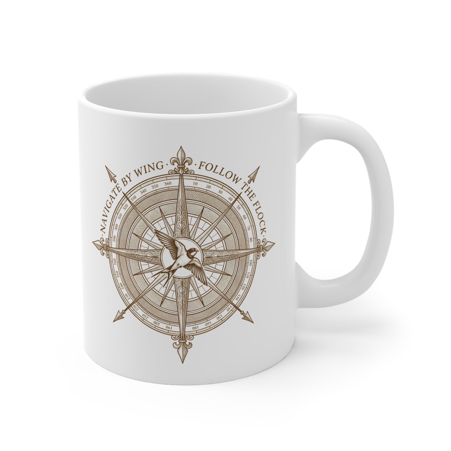 Compass Swallow Migration Ceramic Mug – Retro Nautical Birdwatching Coffee Cup for Bird Lovers