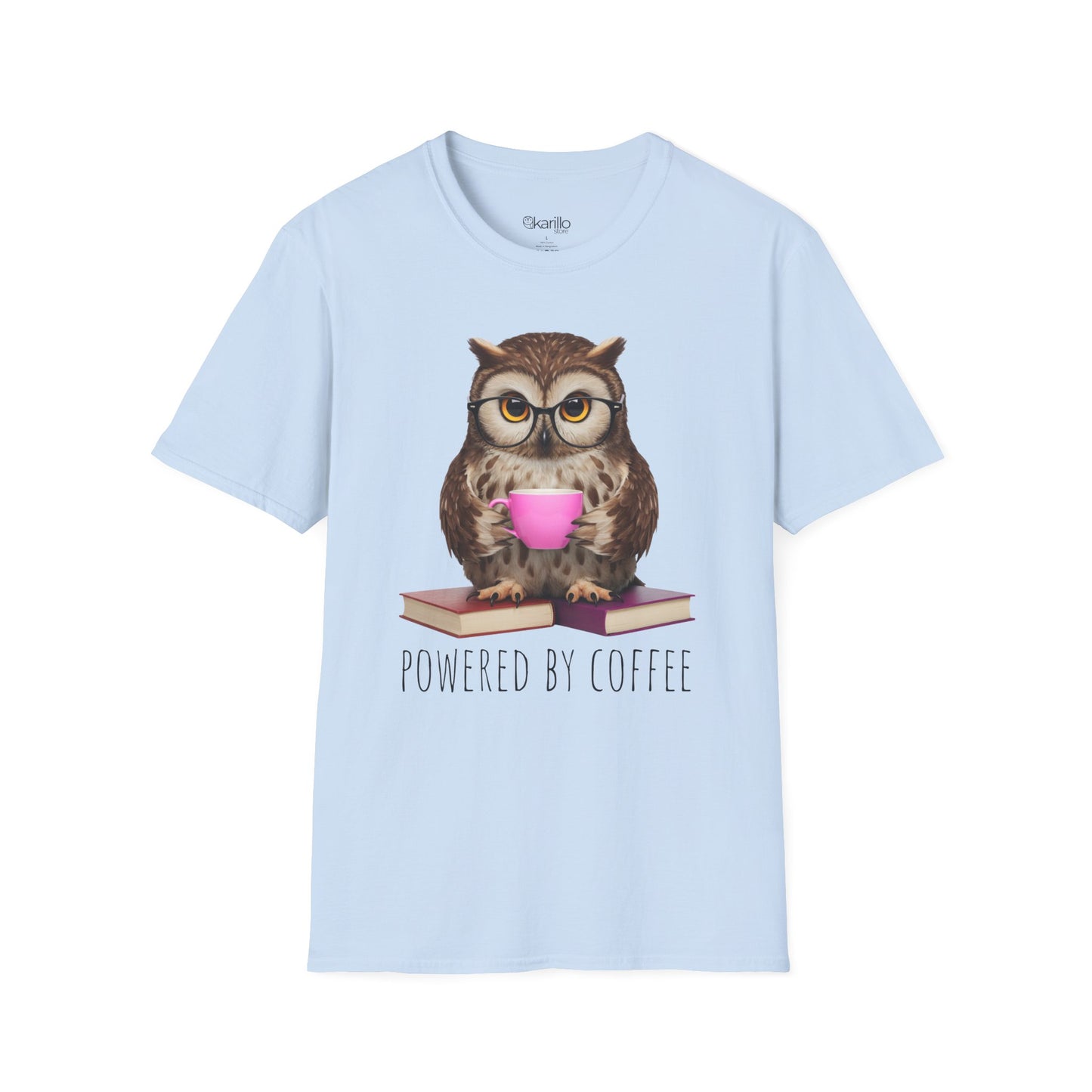 Light blue t-shirt with an owl holding a coffee cup and books, text 'Powered by Coffee', on a white background.