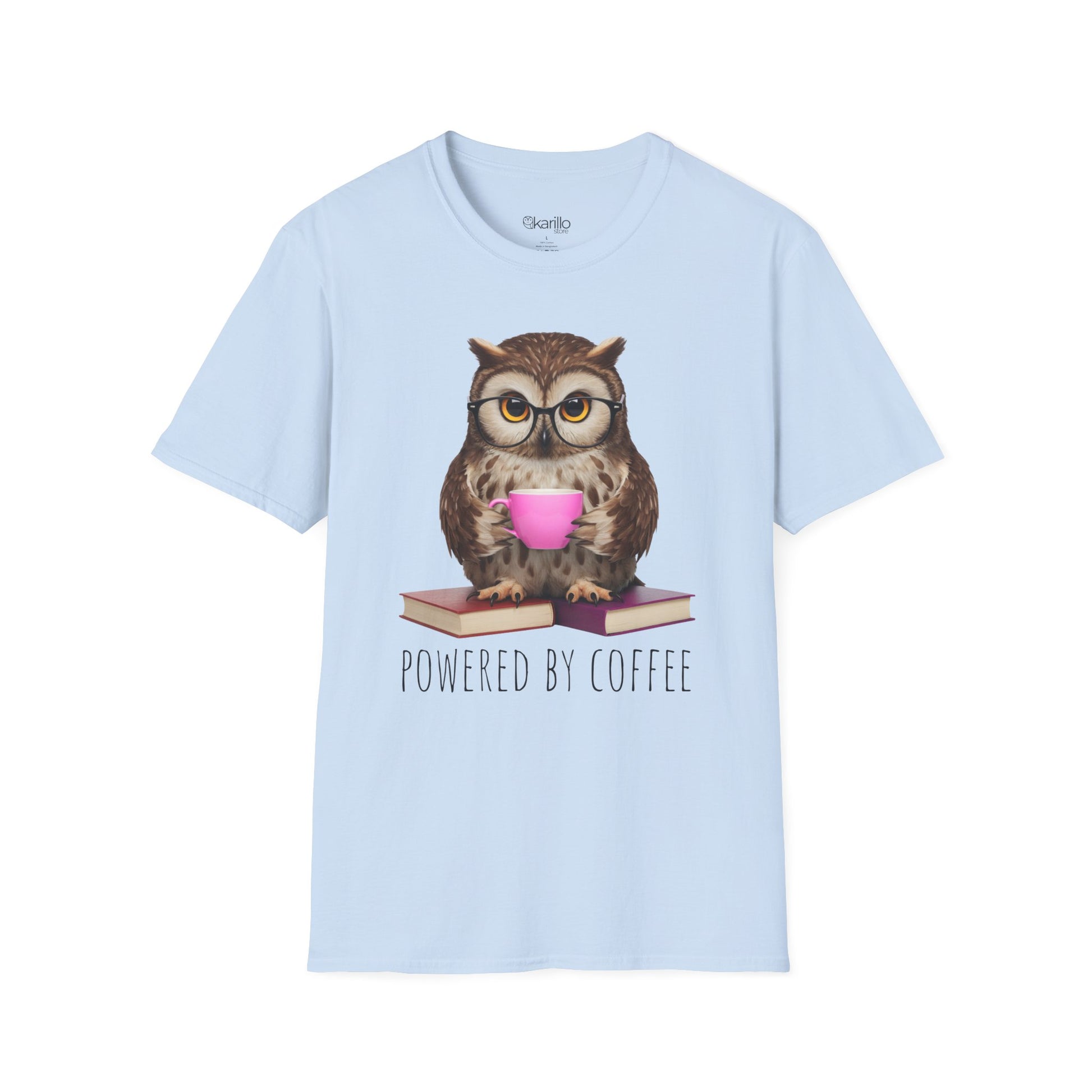 Light blue t-shirt with an owl holding a coffee cup and books, text 'Powered by Coffee', on a white background.