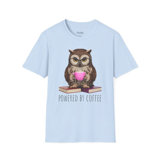 Light blue t-shirt with an owl holding a coffee cup and books, text 'Powered by Coffee', on a white background.