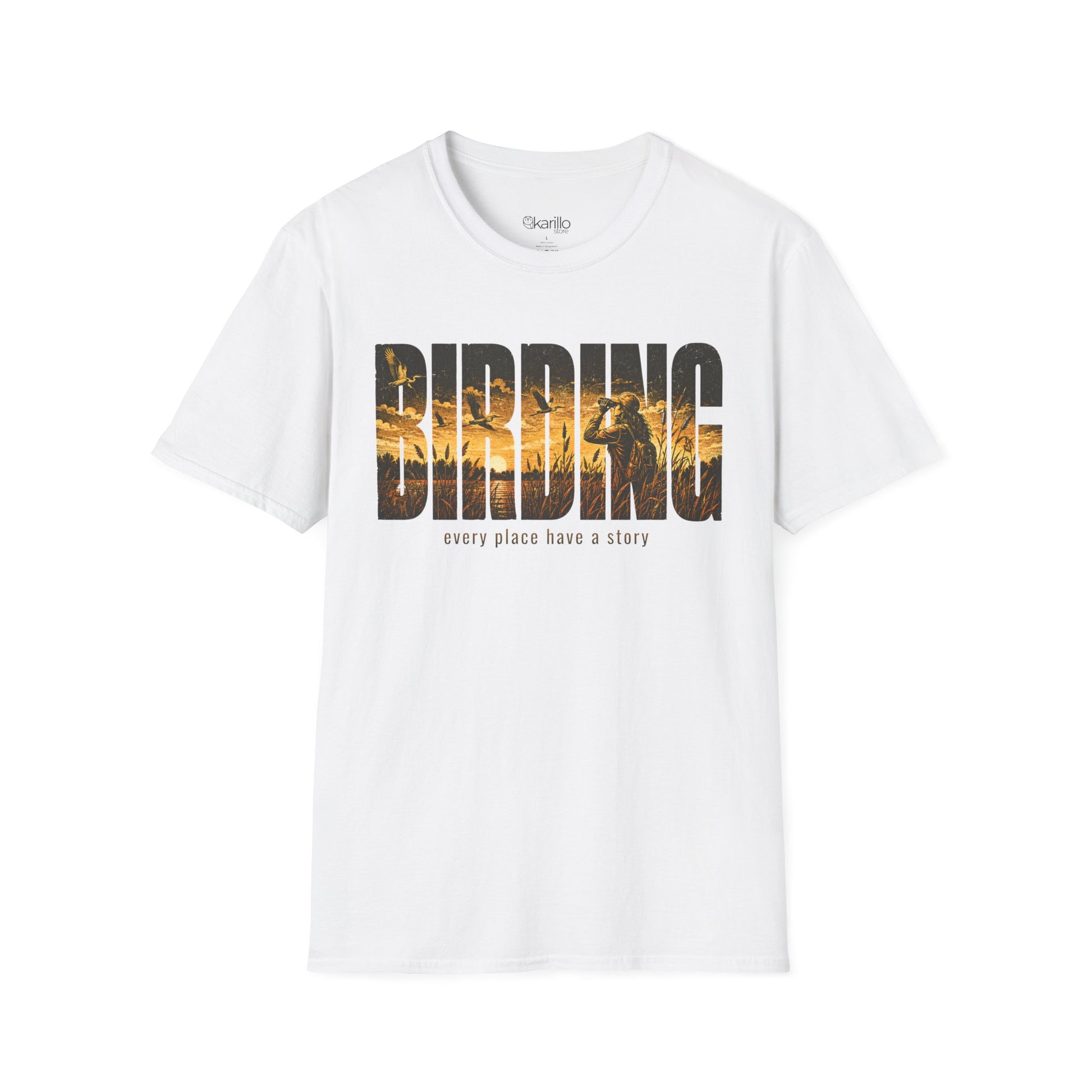 White t-shirt with Birding text sunset scenic with white background