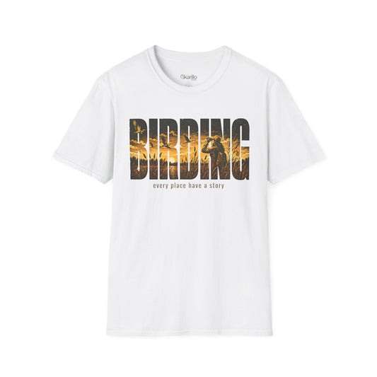 White t-shirt with Birding text sunset scenic with white background