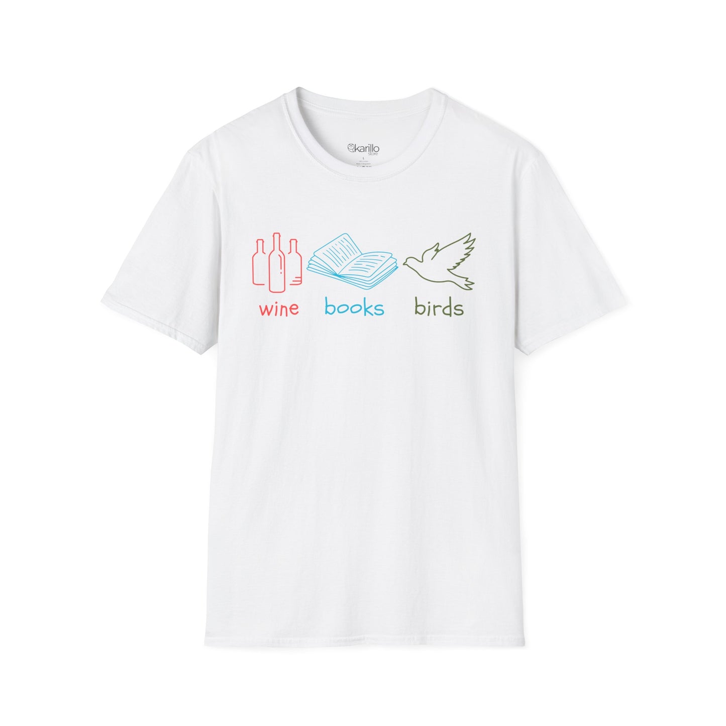 White t-shirt with colorful graphics and text "wine books birds"on a white background