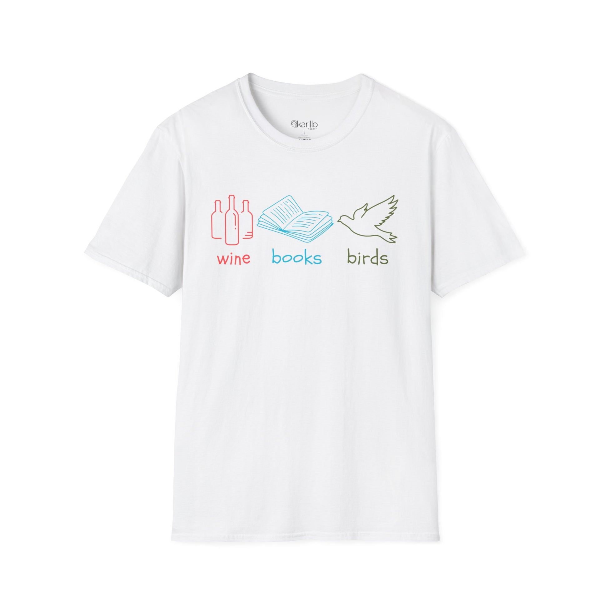 White t-shirt with colorful graphics and text "wine books birds"on a white background