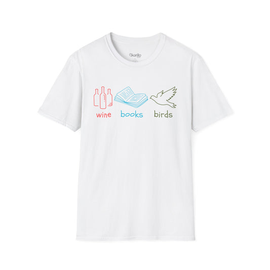 White t-shirt with colorful graphics and text "wine books birds"on a white background