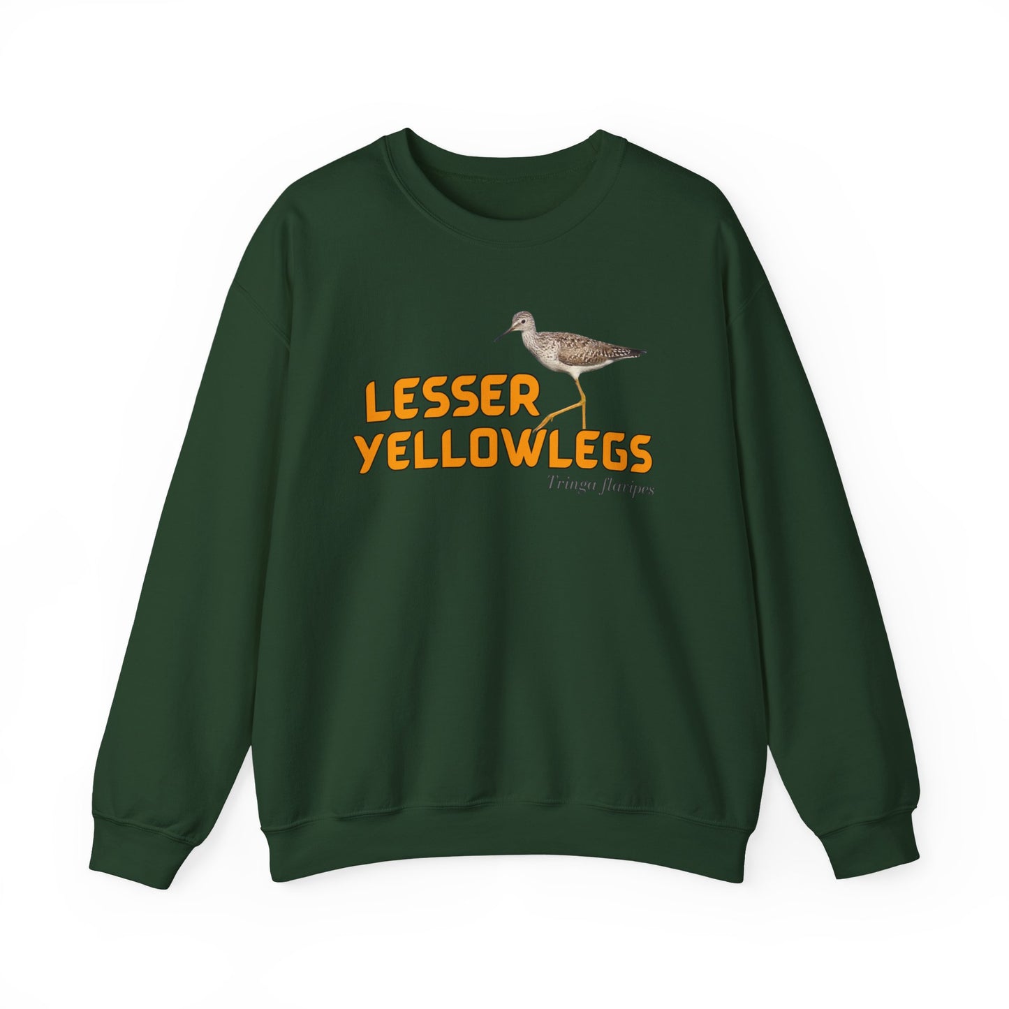 Green sweatshirt with 'LESSER YELLOWLEGS' text and bird illustration on a white background