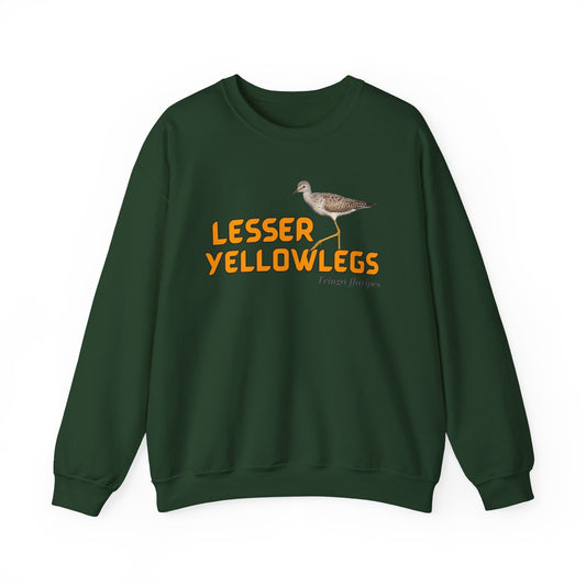 Green sweatshirt with 'LESSER YELLOWLEGS' text and bird illustration on a white background