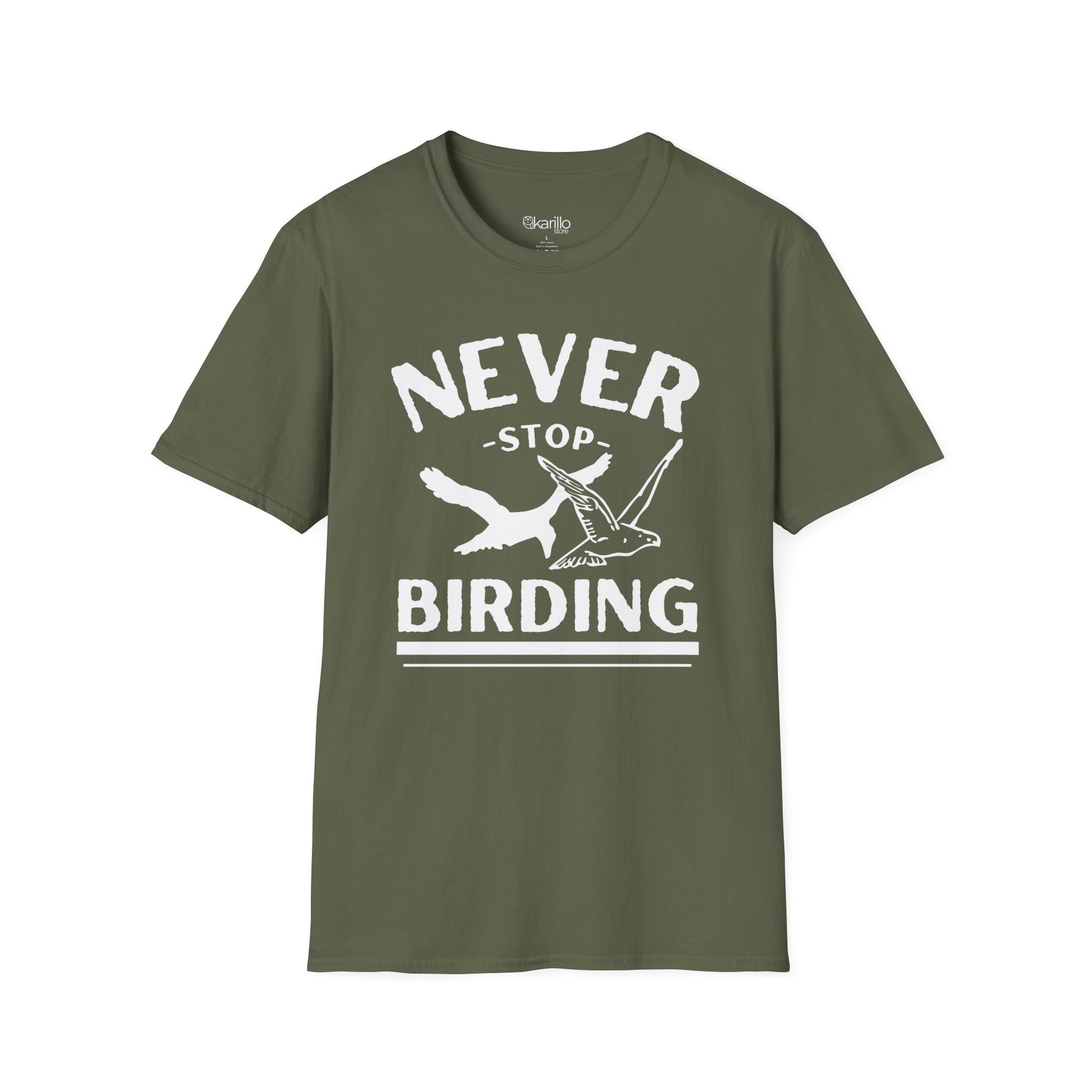 front view of military green t-shirt with 'Never Stop Birding' text and bird graphics on a white background
