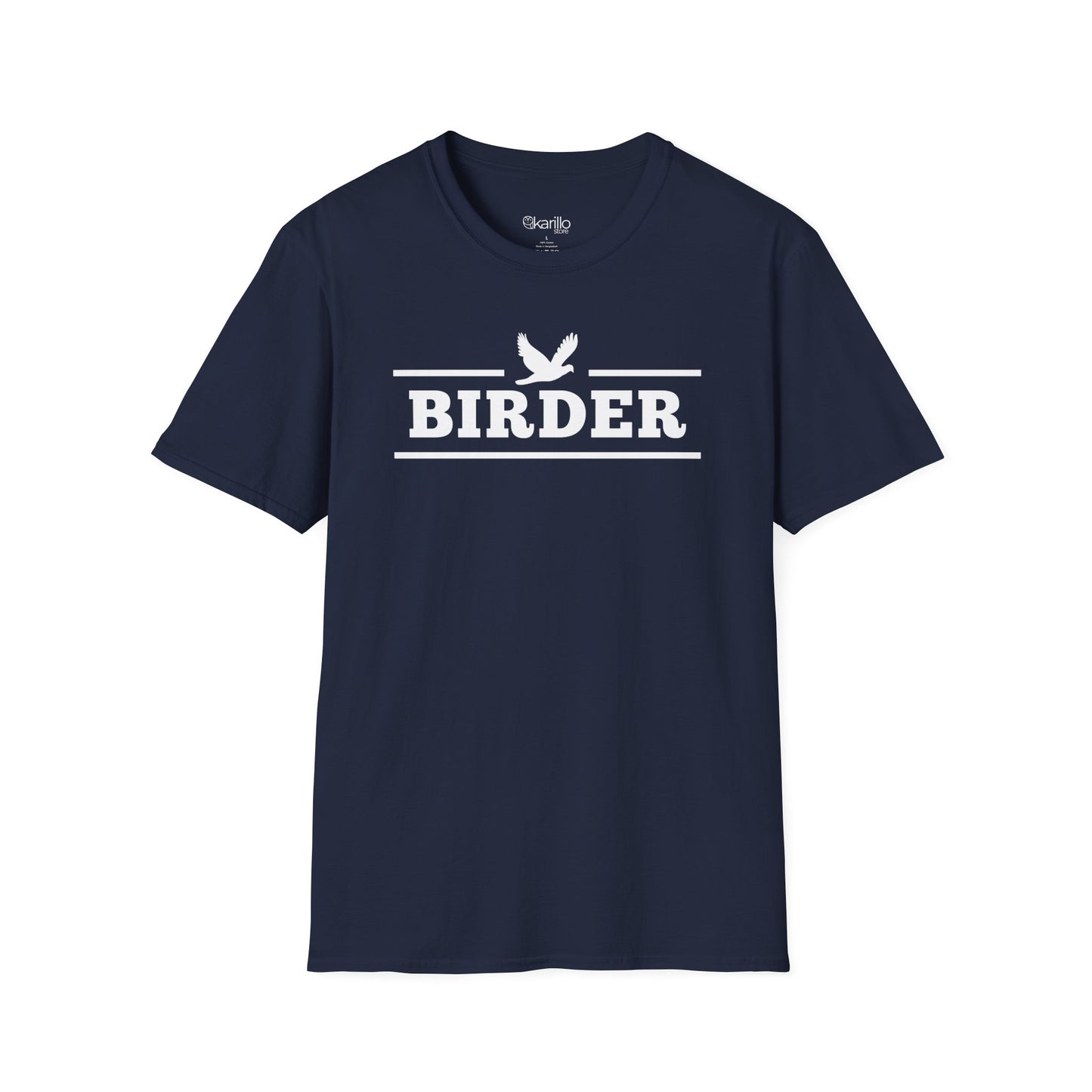 Navy Blue Birder T-shirt with white birdwatching graphic, retro collegiate style birding apparel for men and women.