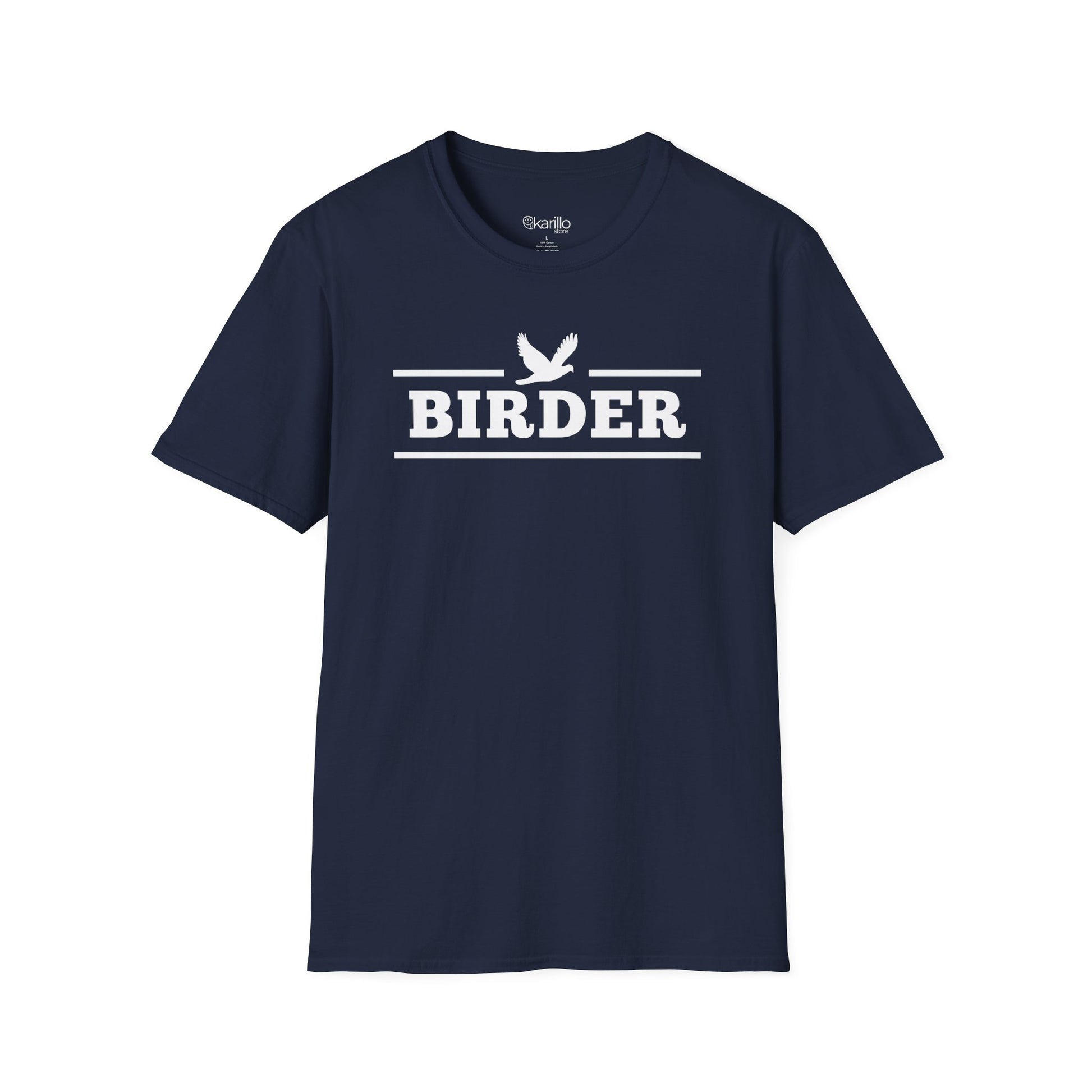 Navy Blue Birder T-shirt with white birdwatching graphic, retro collegiate style birding apparel for men and women.