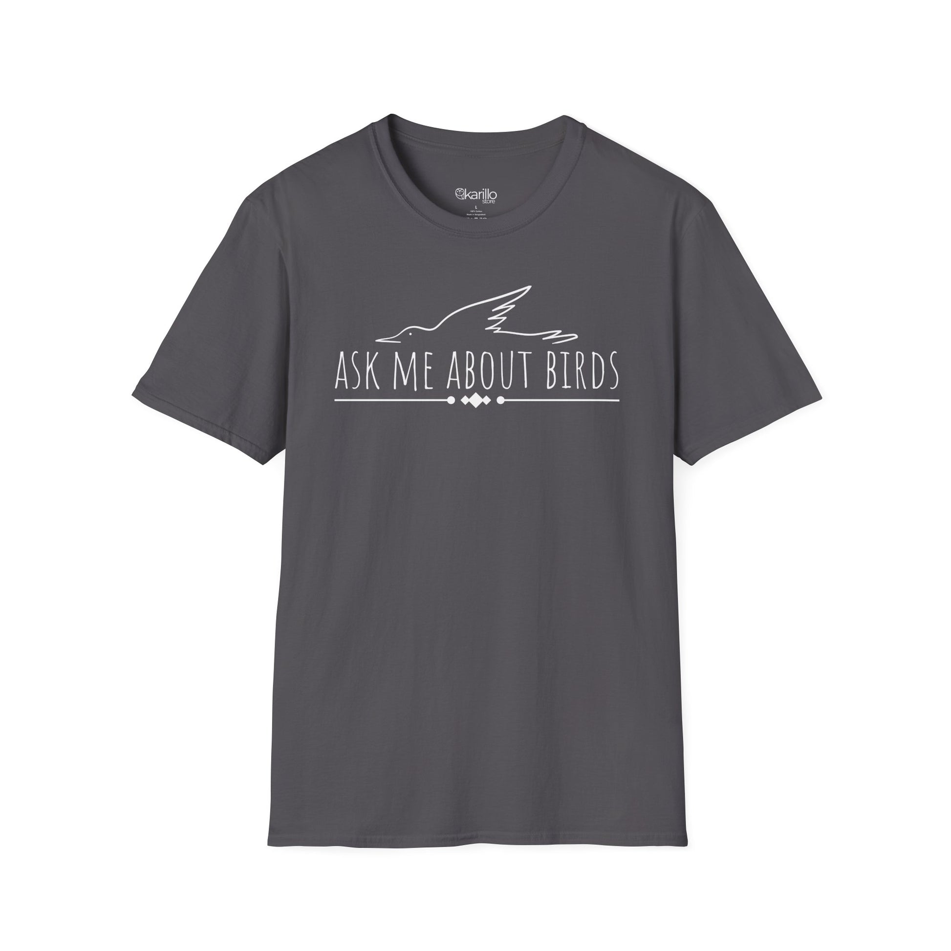 front view gray t-shirt with 'Ask Me About Birds' text and bird silhouette on a white background