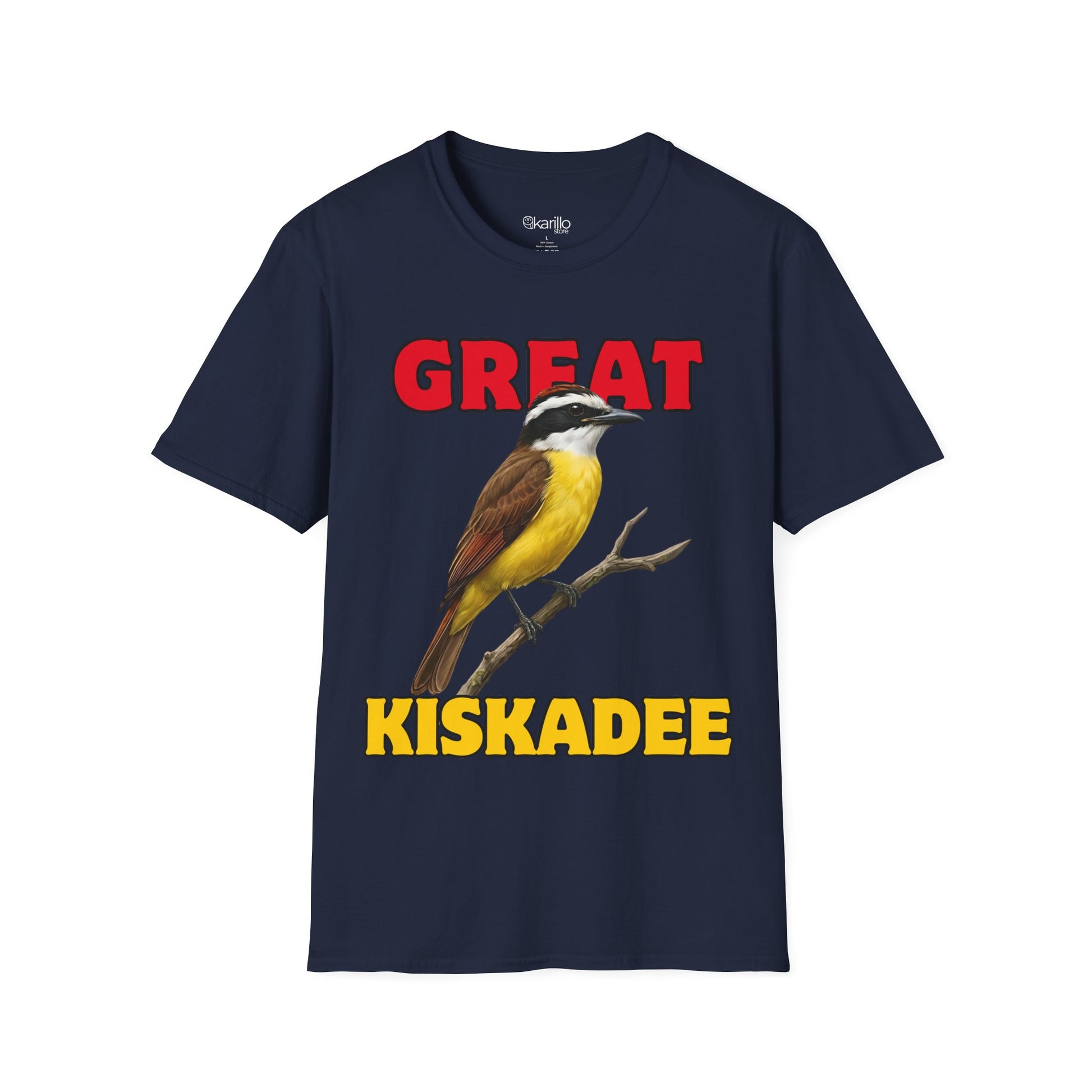 Navy blue t-shirt with a bird graphic and 'GREAT KISKADEE' text on a white background