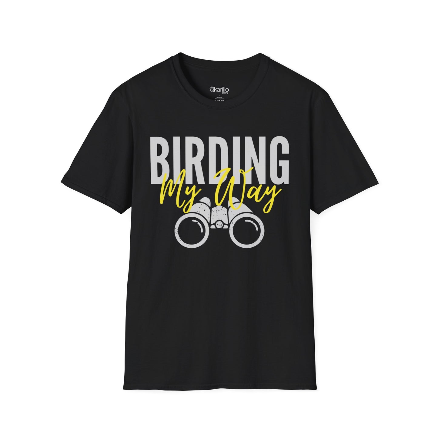 Black unisex t-shirt featuring 'Birding My Way' text with a vintage binoculars graphic,  perfect gift for birdwatching enthusiasts
