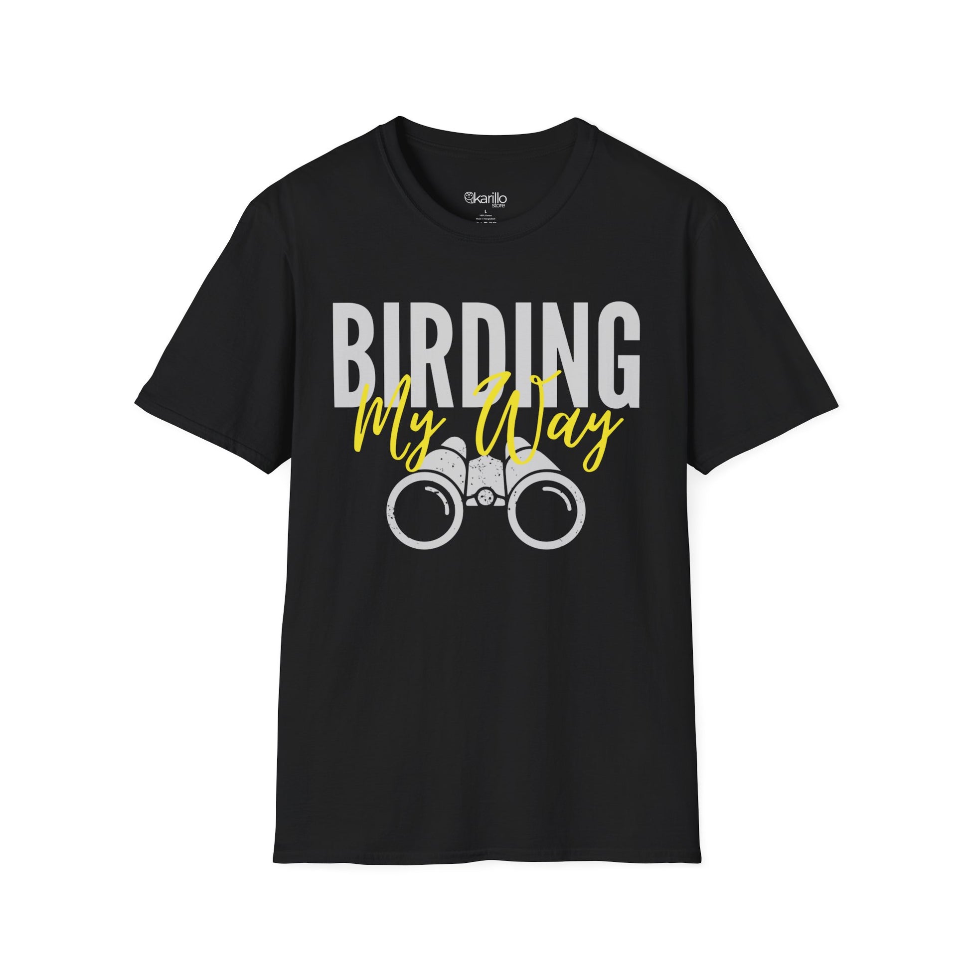 Black unisex t-shirt featuring 'Birding My Way' text with a vintage binoculars graphic,  perfect gift for birdwatching enthusiasts