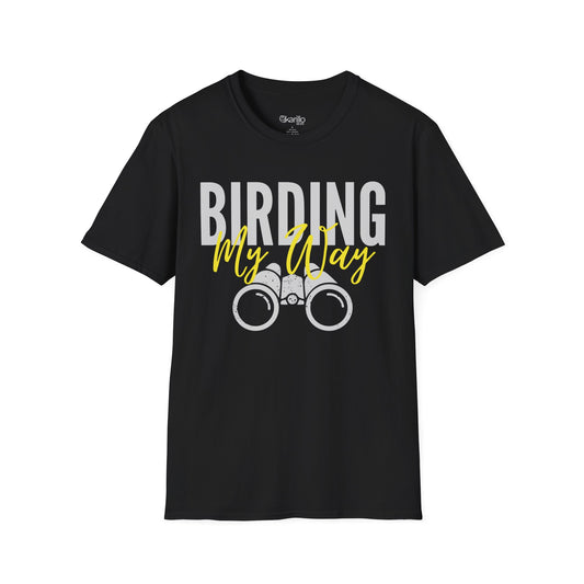 Black unisex t-shirt featuring 'Birding My Way' text with a vintage binoculars graphic,  perfect gift for birdwatching enthusiasts