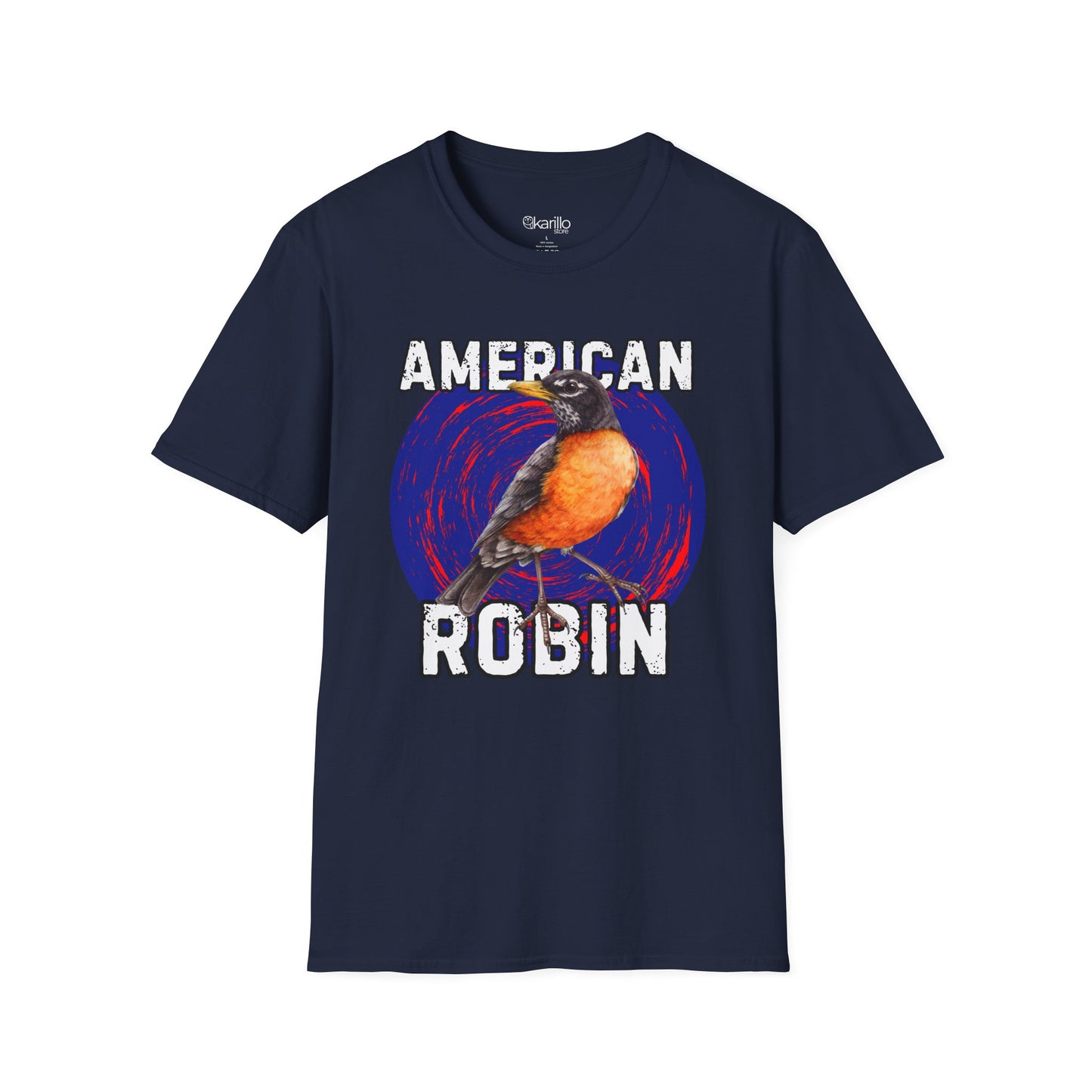 Navy blue t-shirt with an American Robin graphic on a white background
