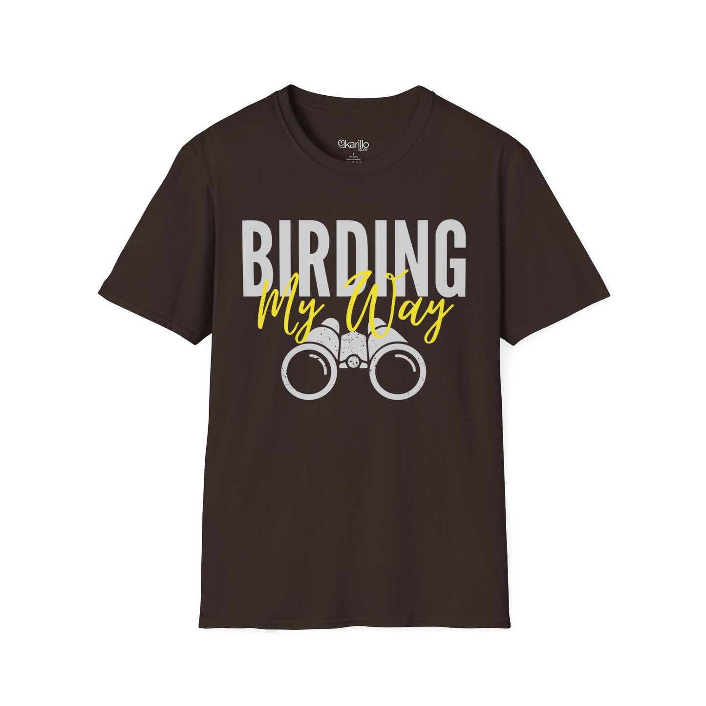 Brown unisex t-shirt featuring 'Birding My Way' text with a vintage binoculars graphic — perfect gift for birdwatching enthusiasts