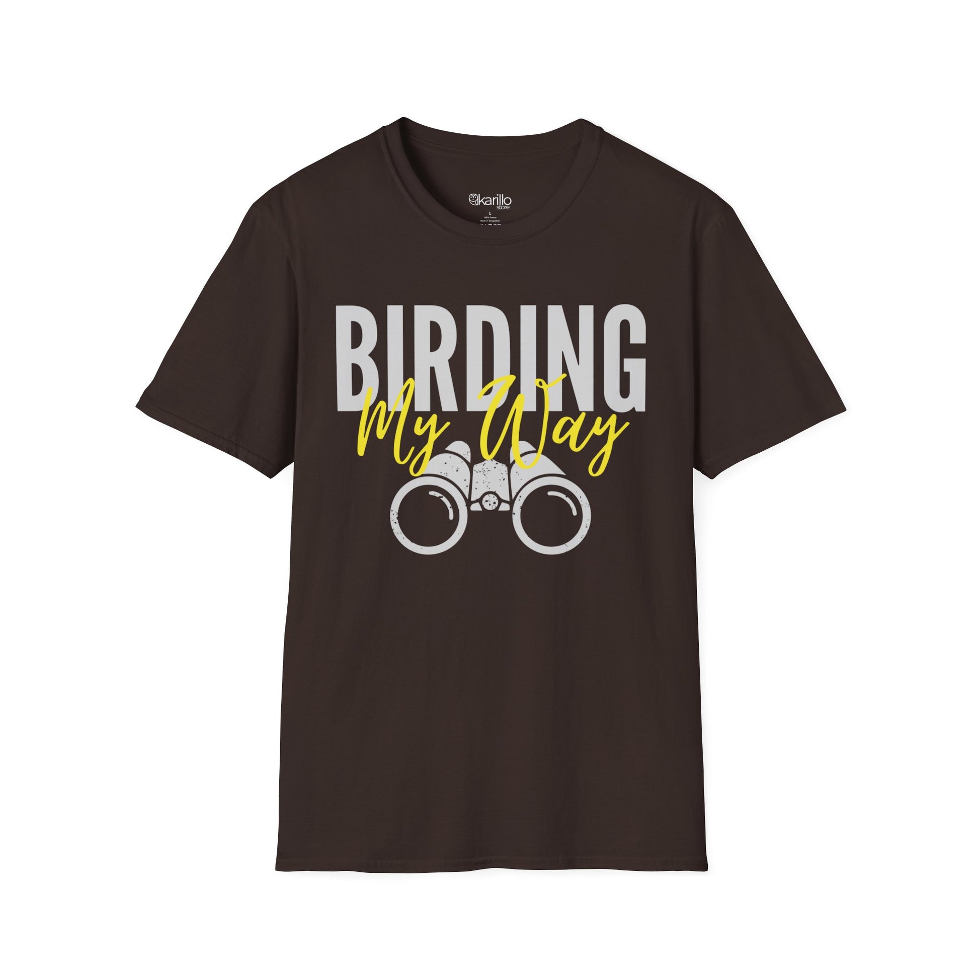 Brown unisex t-shirt featuring 'Birding My Way' text with a vintage binoculars graphic — perfect gift for birdwatching enthusiasts