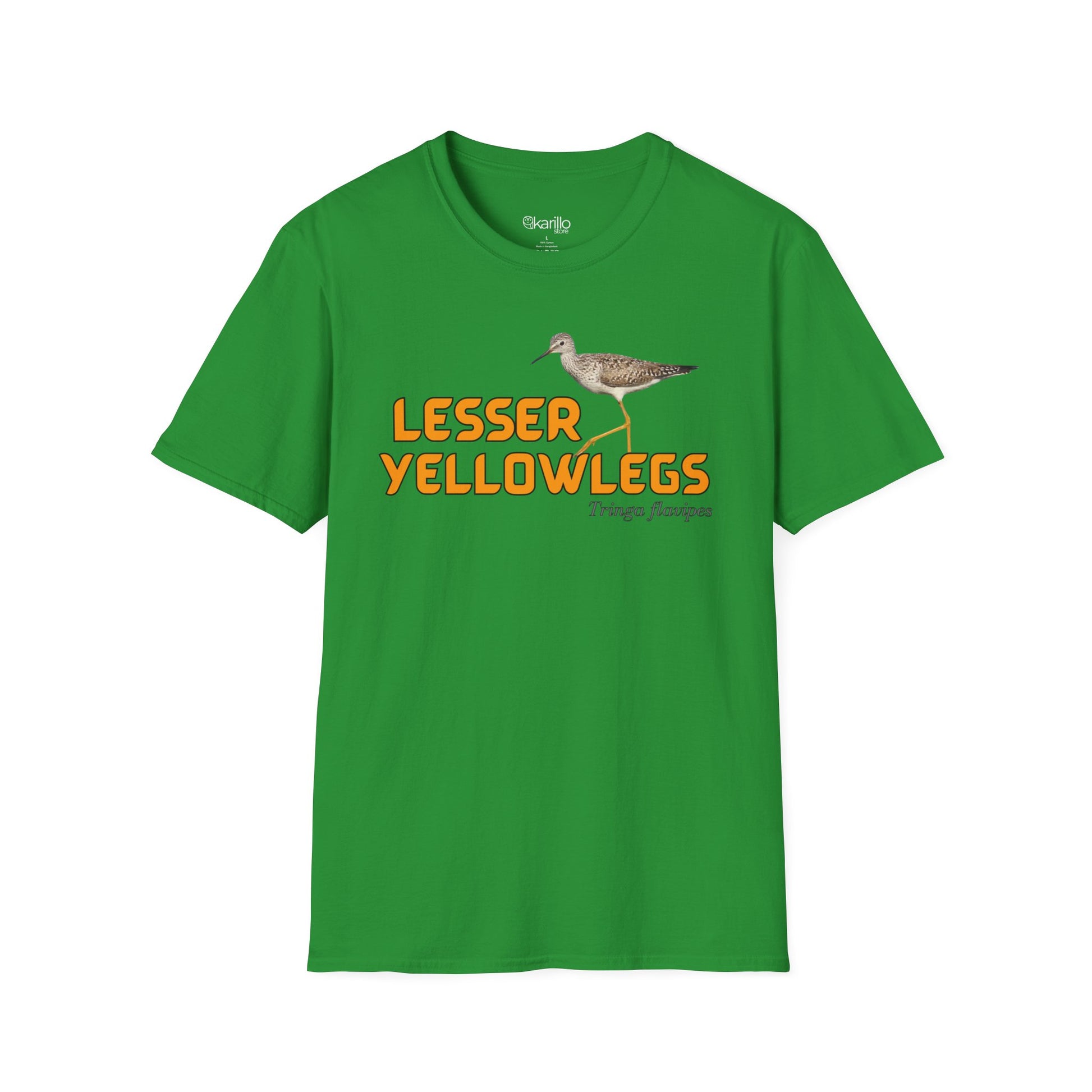 Front view green t-shirt with 'lesser yellowlegs' text and bird image on a white background